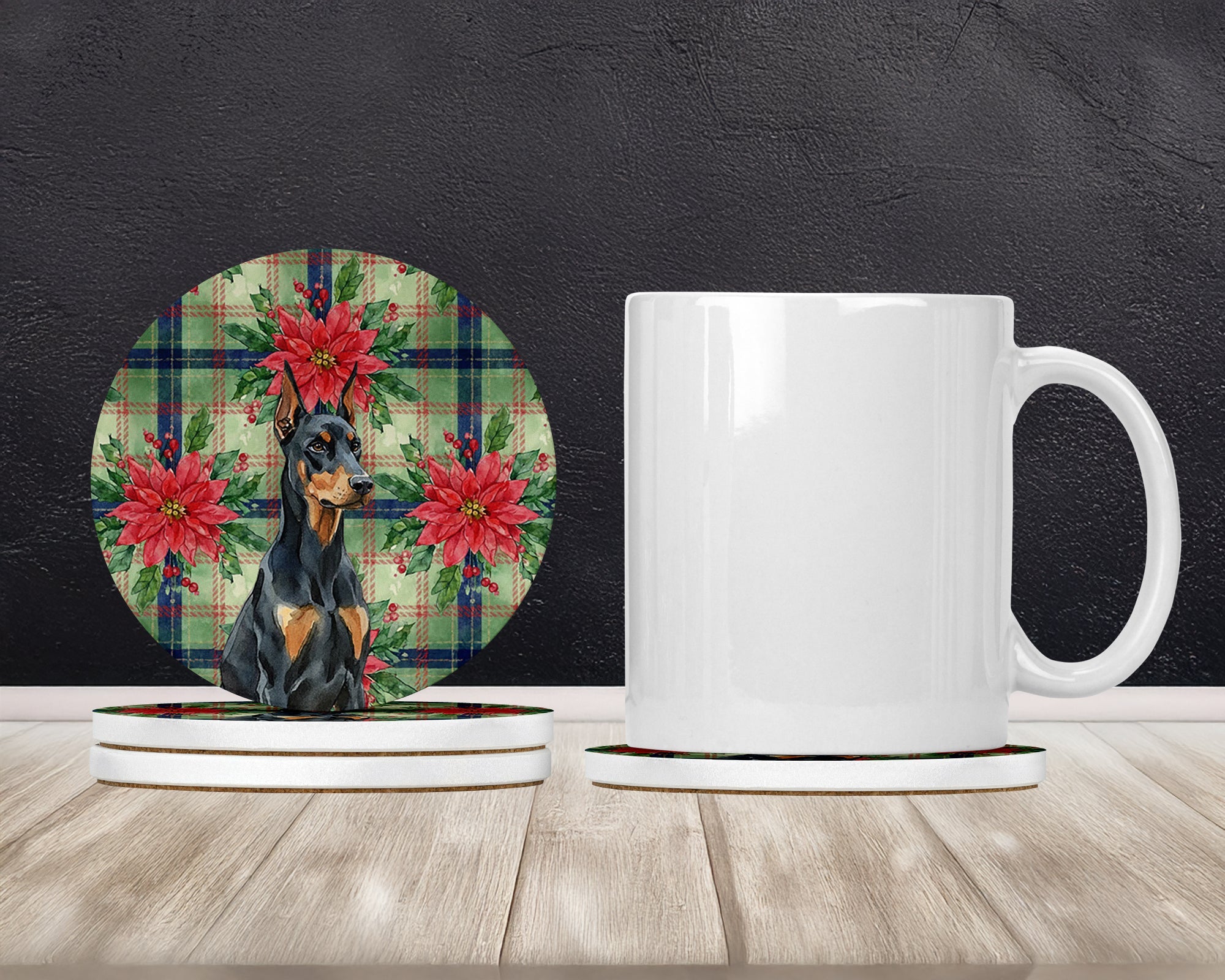 Doberman Pinscher Christmas PoinsettIas Large Sandstone Coasters Pack of 4 Absorbent Round Coasters Decor Gifts for Men or Women, 4 in, Multicolor