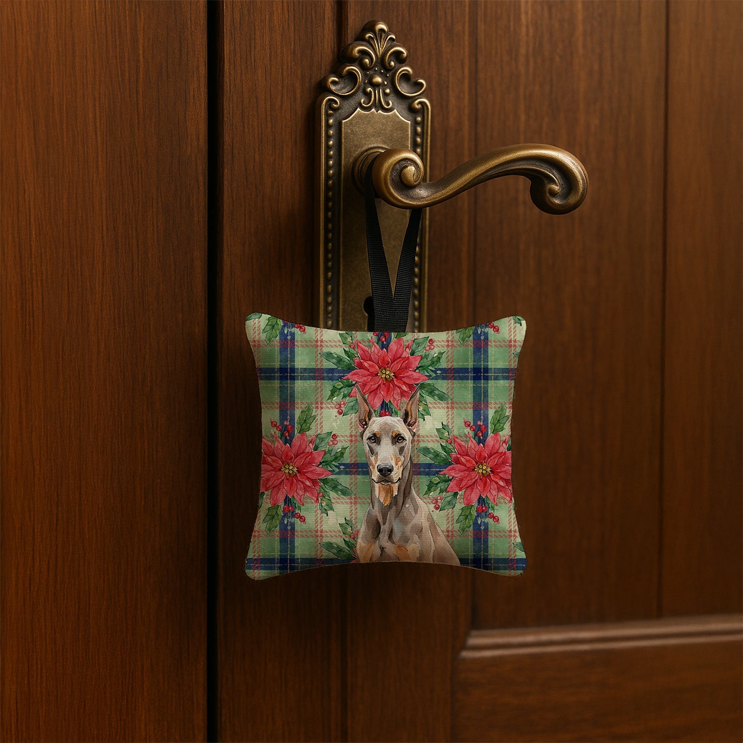 Fawn Doberman Pinscher Christmas PoinsettIas Hanging Square Fabric Ornament 3.5 � 3.5 Decorative Door-Knob & Tree Hanger, Soft Fabric