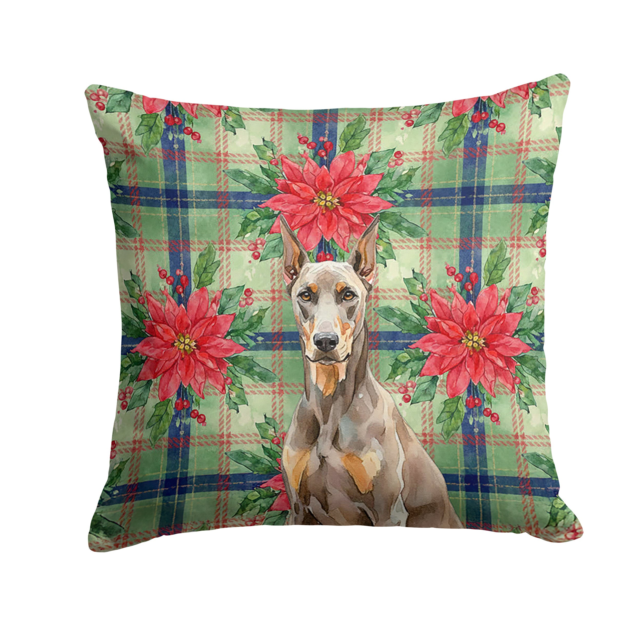 Fawn Doberman Pinscher Christmas PoinsettIas Decorative Throw Pillow 18x18 Indoor Outdoor Accent Cushion, Fabric Cover with Insert for Sofa, Bed, Porch & Living Room