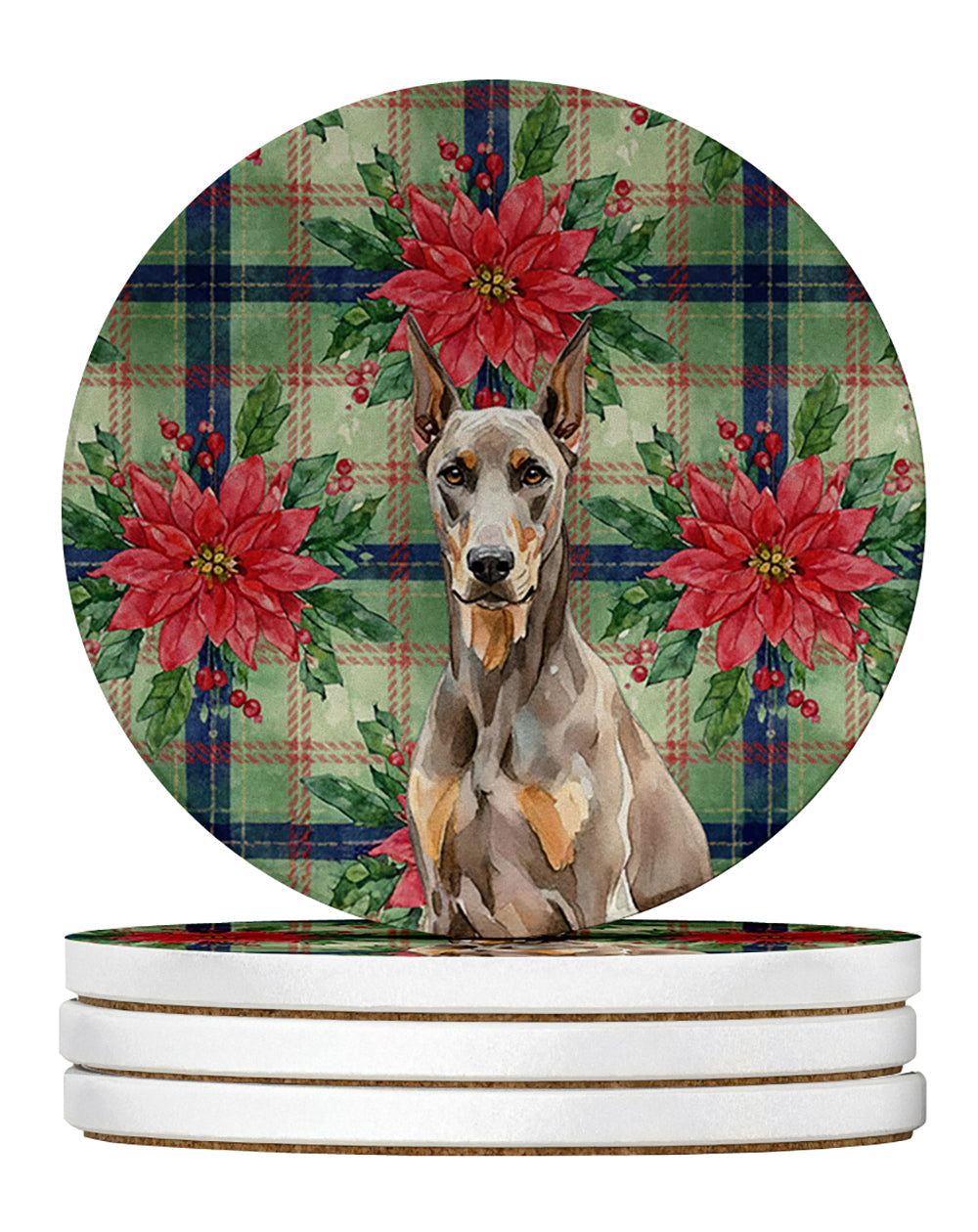 Fawn Doberman Pinscher Christmas PoinsettIas Large Sandstone Coasters Pack of 4 Absorbent Round Coasters Decor Gifts for Men or Women, 4 in, Multicolor