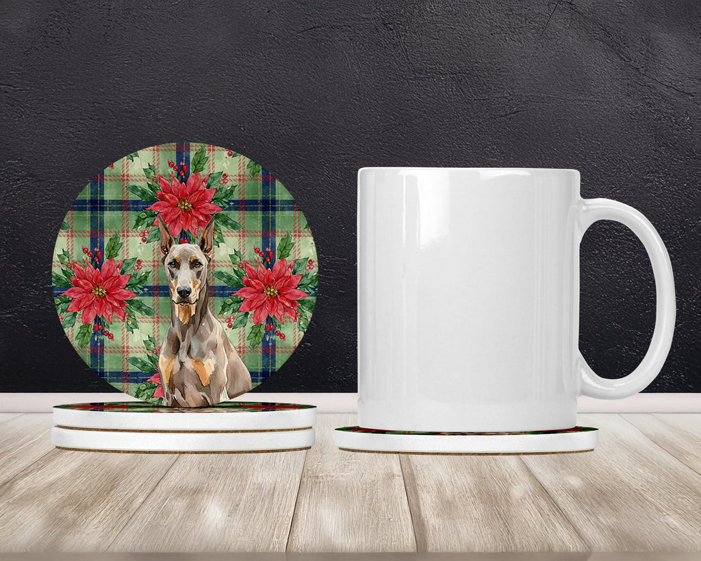 Fawn Doberman Pinscher Christmas PoinsettIas Large Sandstone Coasters Pack of 4 Absorbent Round Coasters Decor Gifts for Men or Women, 4 in, Multicolor