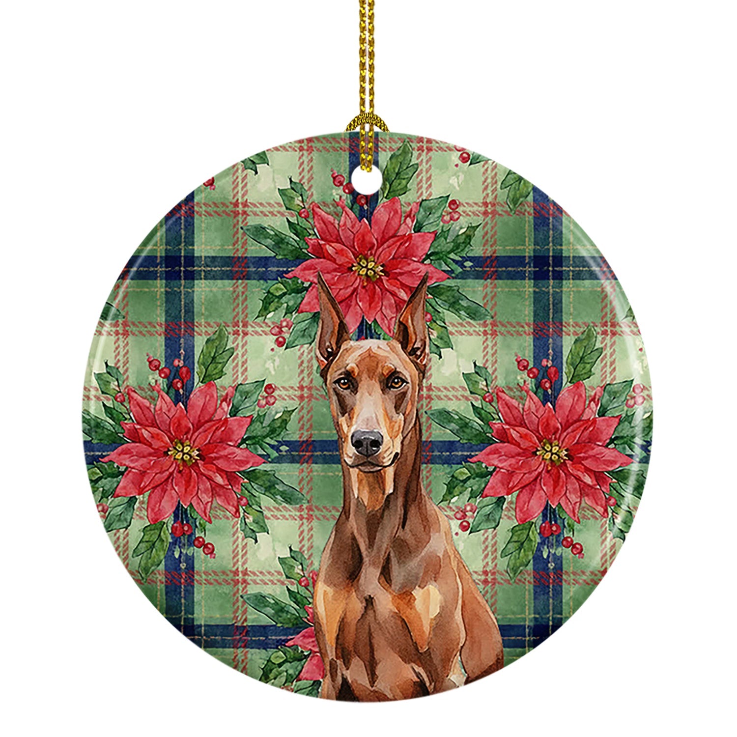 Red Doberman Pinscher Christmas PoinsettIas Ceramic Ornament Christmas Tree Hanging Decorations for Home Christmas Holiday, Party, Gift, 3 in, Multicolor