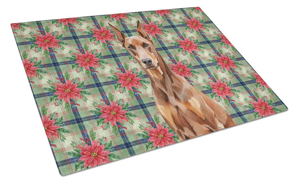 Red Doberman Pinscher Christmas PoinsettIas Cutting Board Tempered Glass Kitchen Cutting Surface, Heat Resistant Chopping, Non-Slip Feet, Food Prep & Serving