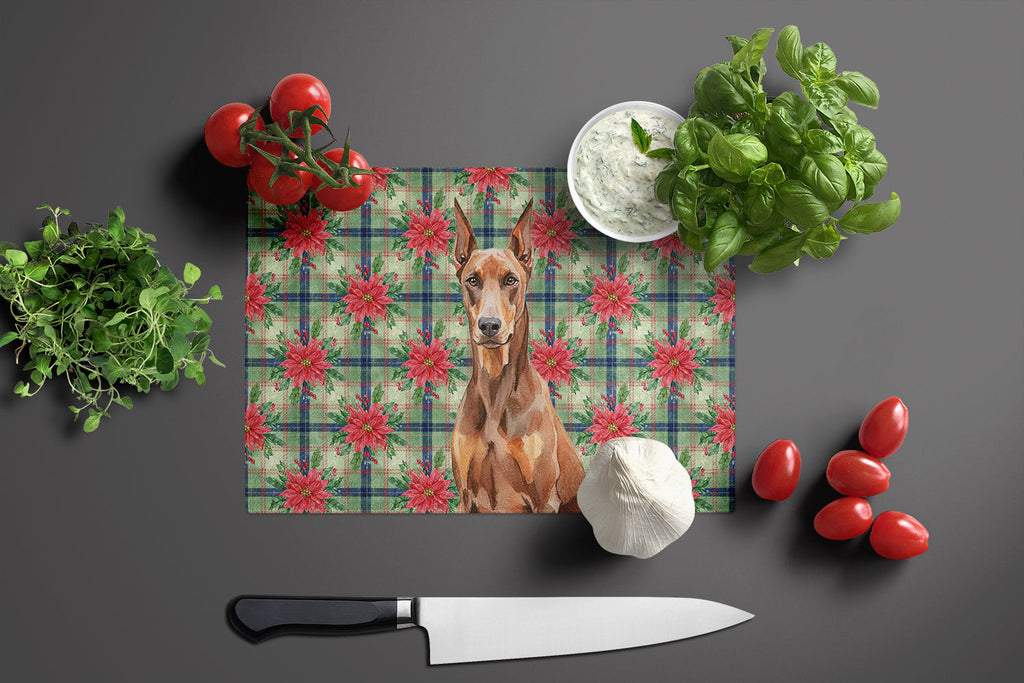 Red Doberman Pinscher Christmas PoinsettIas Cutting Board Tempered Glass Kitchen Cutting Surface, Heat Resistant Chopping, Non-Slip Feet, Food Prep & Serving