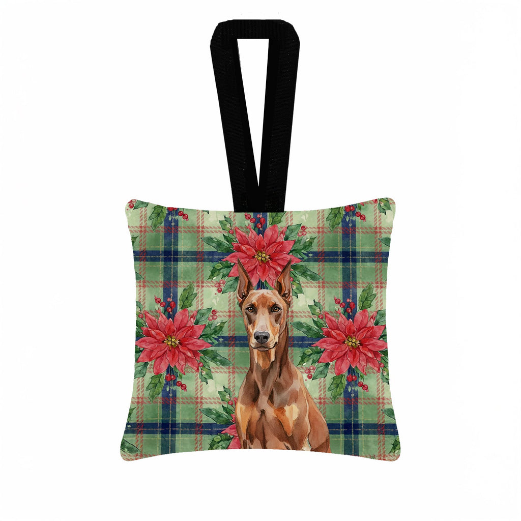 Red Doberman Pinscher Christmas PoinsettIas Hanging Square Fabric Ornament 3.5 � 3.5 Decorative Door-Knob & Tree Hanger, Soft Fabric
