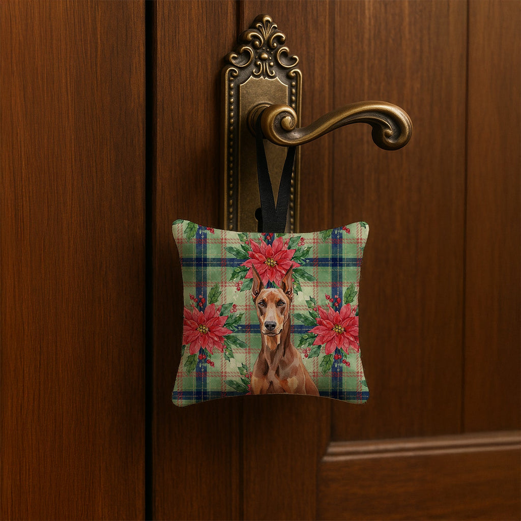 Red Doberman Pinscher Christmas PoinsettIas Hanging Square Fabric Ornament 3.5 � 3.5 Decorative Door-Knob & Tree Hanger, Soft Fabric