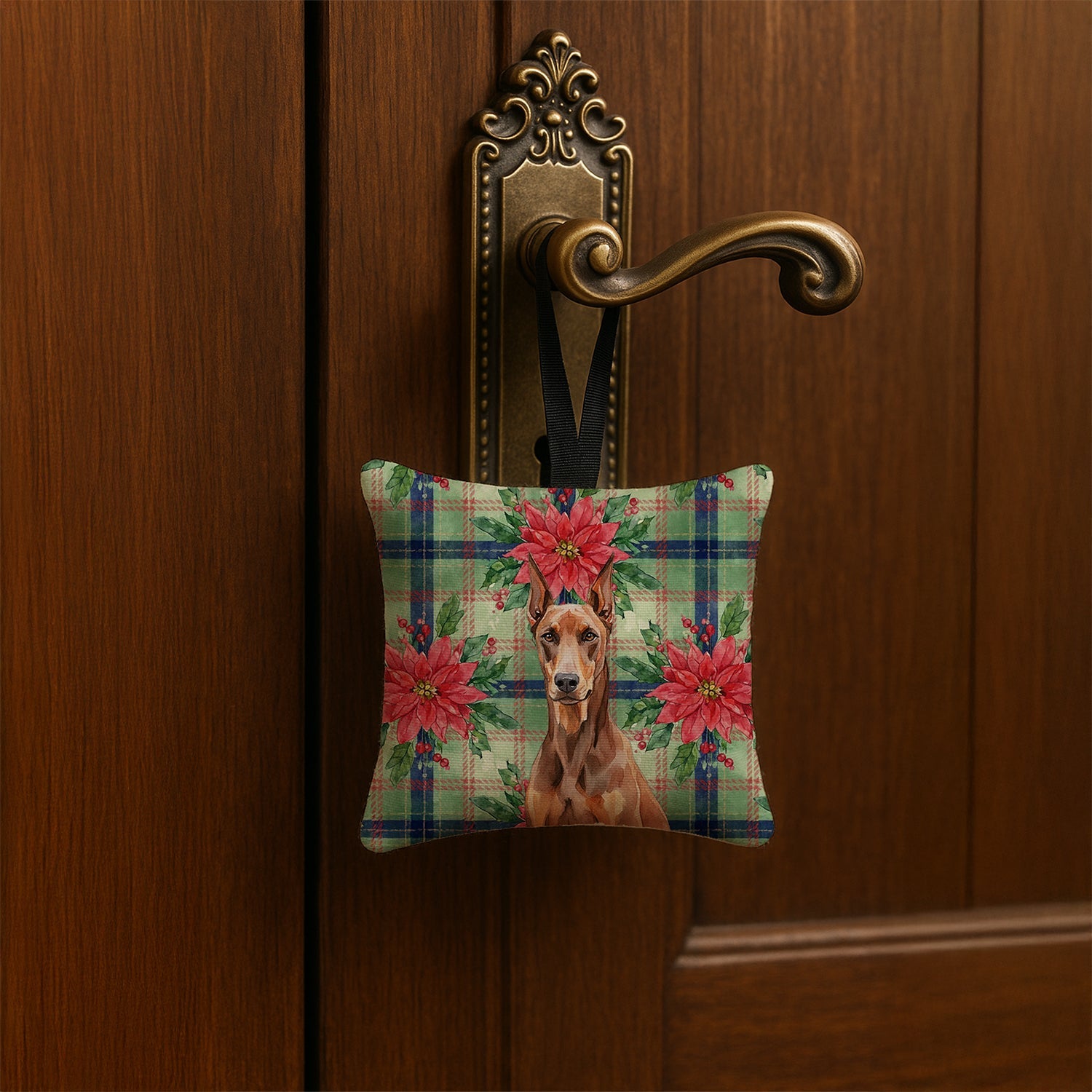 Red Doberman Pinscher Christmas PoinsettIas Hanging Square Fabric Ornament 3.5 � 3.5 Decorative Door-Knob & Tree Hanger, Soft Fabric
