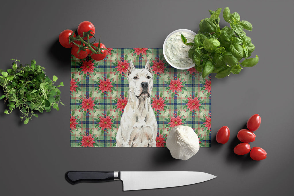 Dogo Argentino Christmas PoinsettIas Cutting Board Tempered Glass Kitchen Cutting Surface, Heat Resistant Chopping, Non-Slip Feet, Food Prep & Serving