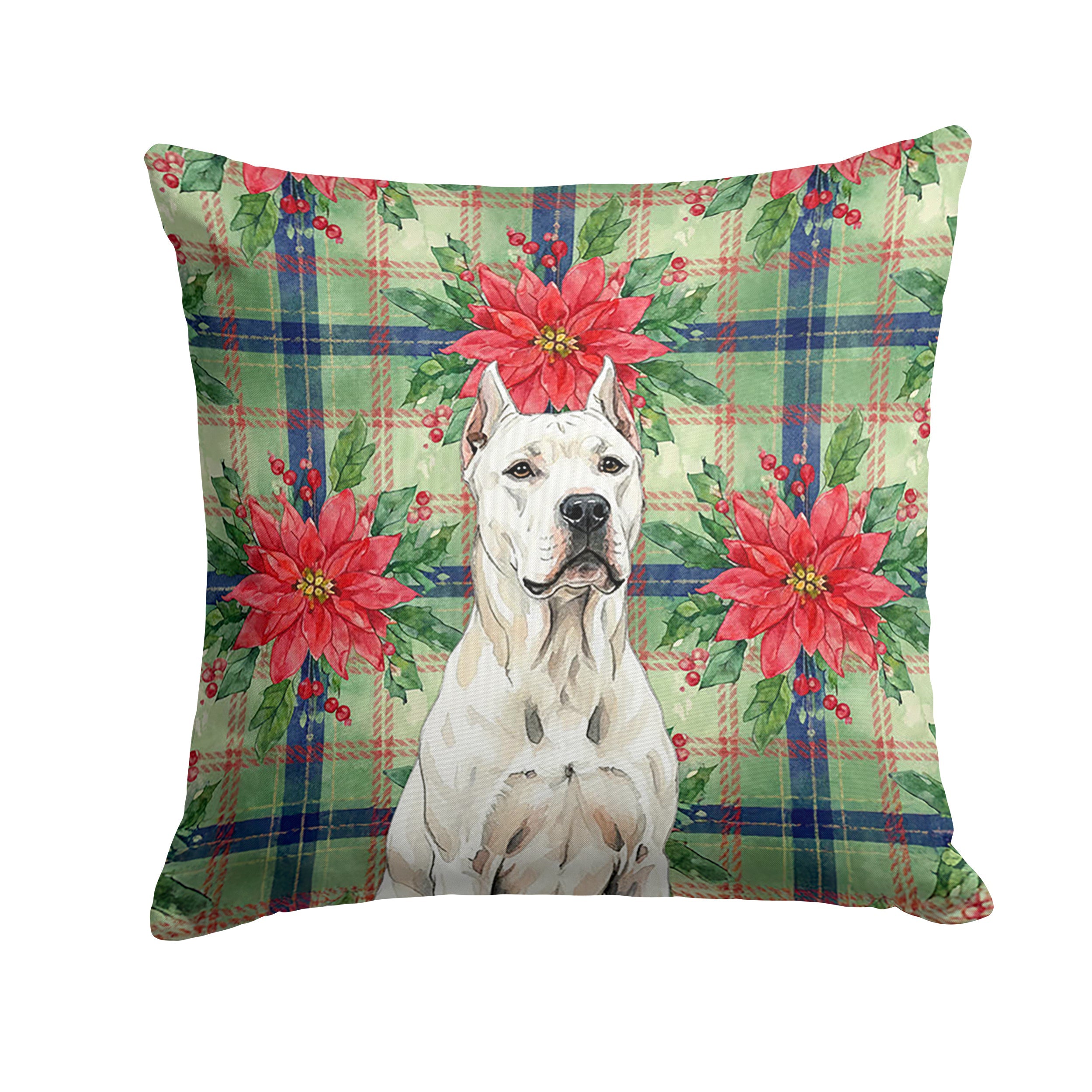 Dogo Argentino Christmas PoinsettIas Decorative Throw Pillow 14x14 Indoor Outdoor Accent Cushion, Fabric Cover with Insert for Sofa, Bed, Porch & Living Room