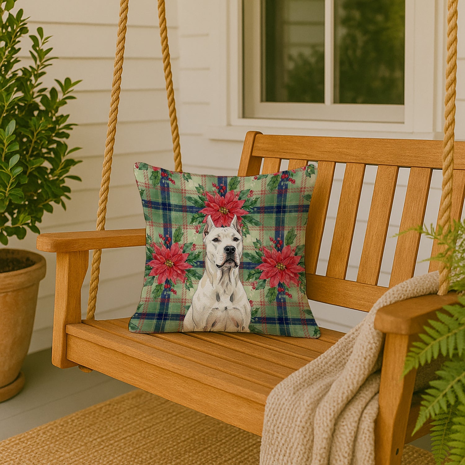 Dogo Argentino Christmas PoinsettIas Decorative Throw Pillow 18x18 Indoor Outdoor Accent Cushion, Fabric Cover with Insert for Sofa, Bed, Porch & Living Room