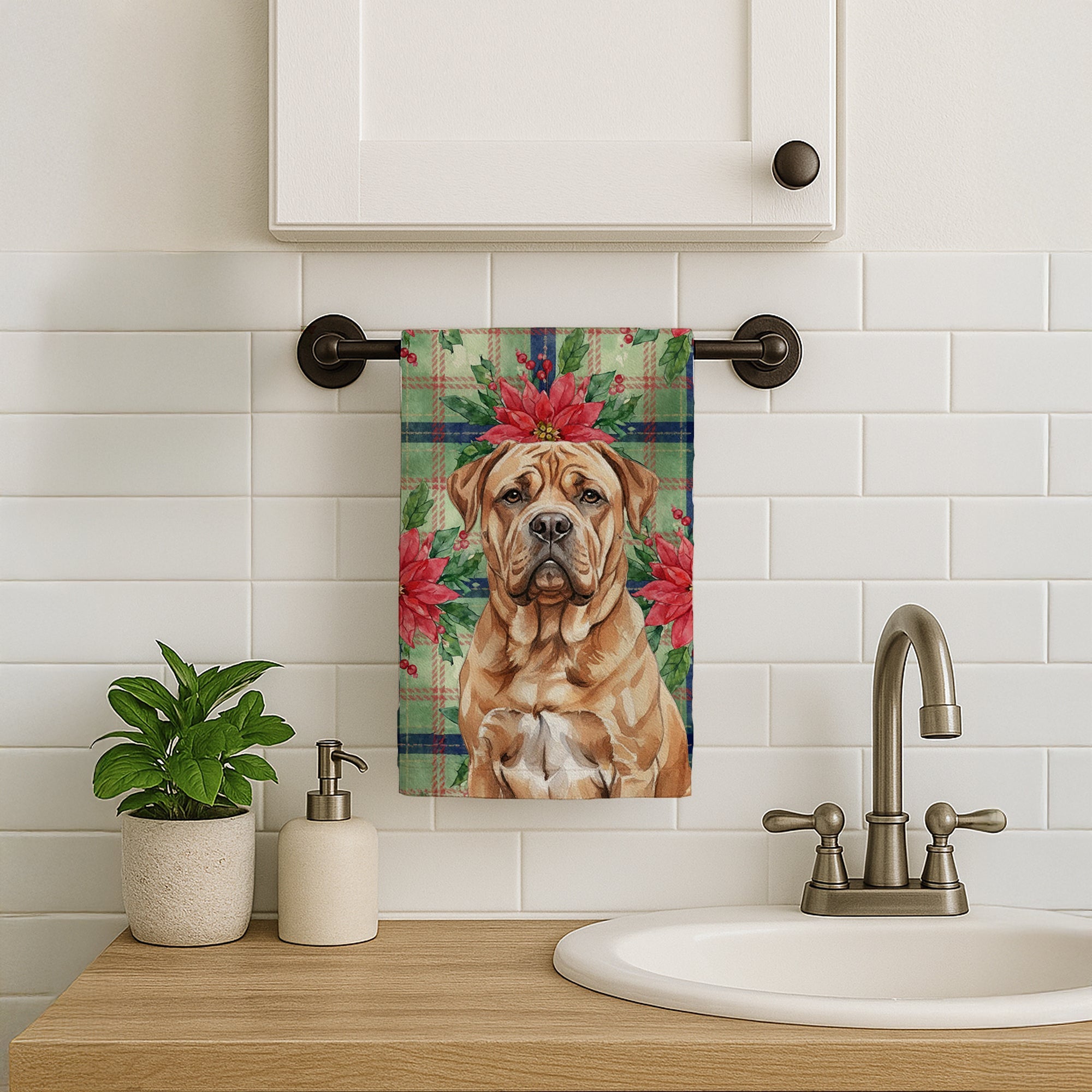 Dogue de Bordeaux Christmas PoinsettIas Kitchen Towel Velour Plush Front and Cotton Loop Back Machine Washable