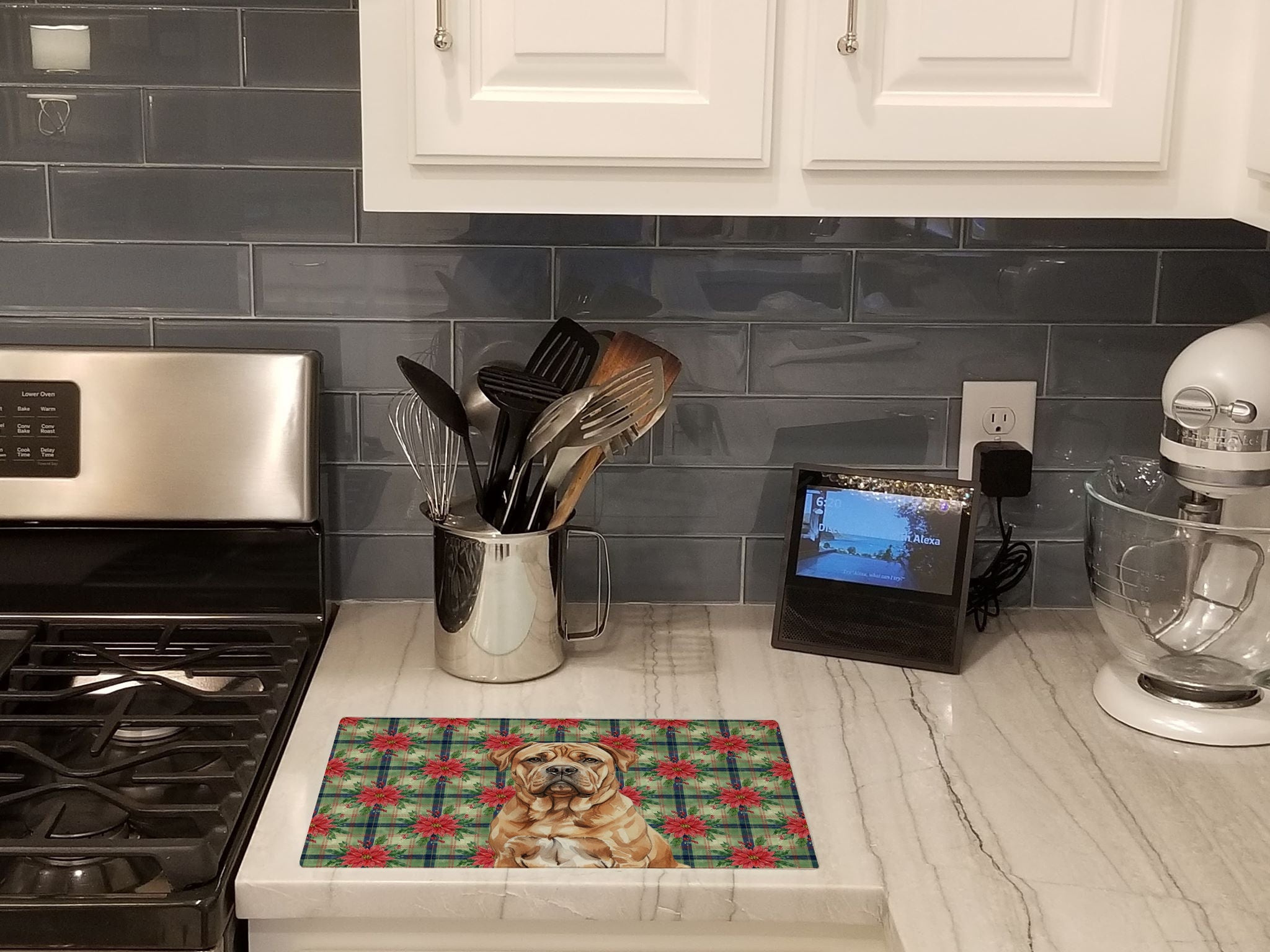 Dogue de Bordeaux Christmas PoinsettIas Cutting Board Tempered Glass Kitchen Cutting Surface, Heat Resistant Chopping, Non-Slip Feet, Food Prep & Serving