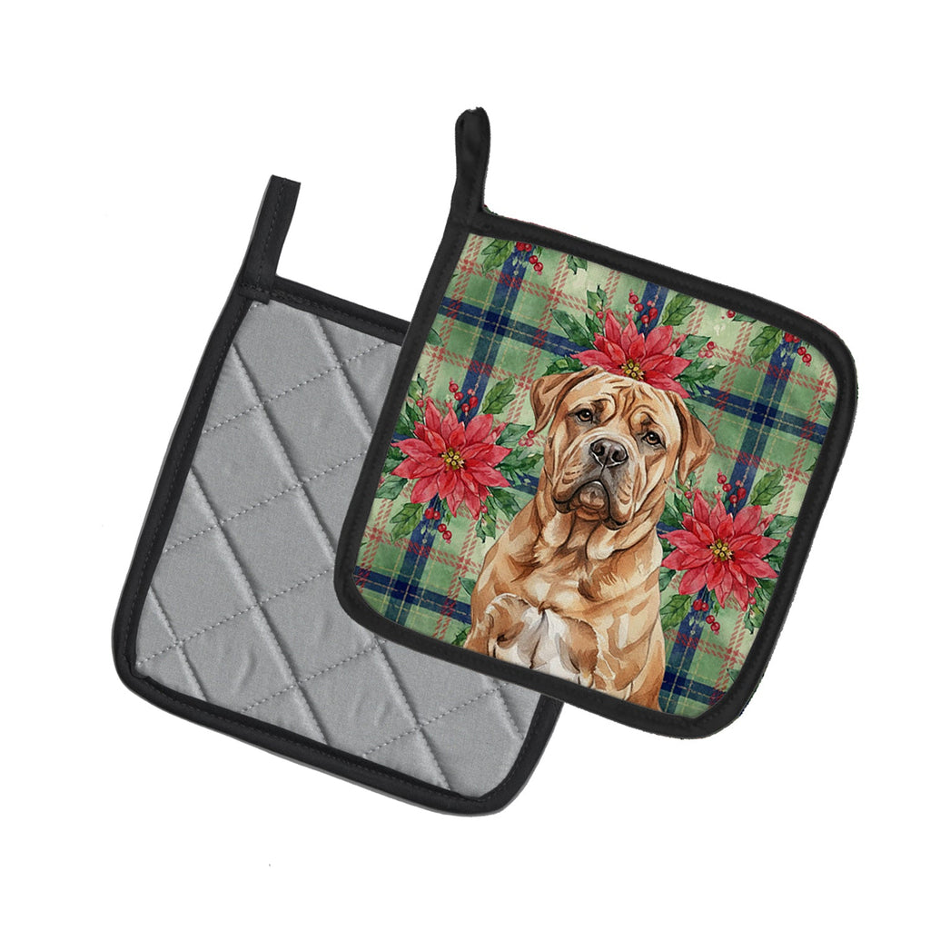 Dogue de Bordeaux Christmas PoinsettIas Pot Holder Set of 2 Heat Resistant Quilted Hot Pads 7.5 x 7.5 Inch, Insulated Kitchen Trivets for Cooking & Baking