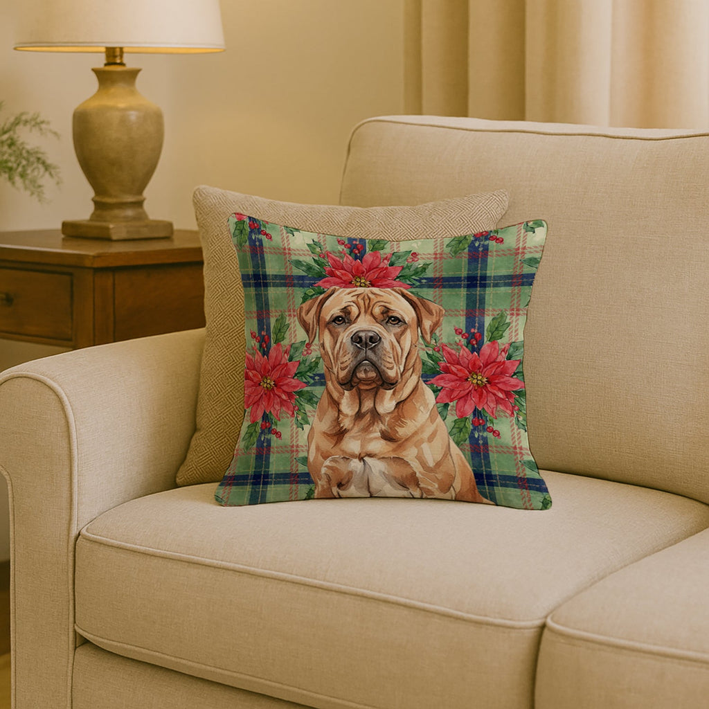 Dogue de Bordeaux Christmas PoinsettIas Decorative Throw Pillow 18x18 Indoor Outdoor Accent Cushion, Fabric Cover with Insert for Sofa, Bed, Porch & Living Room