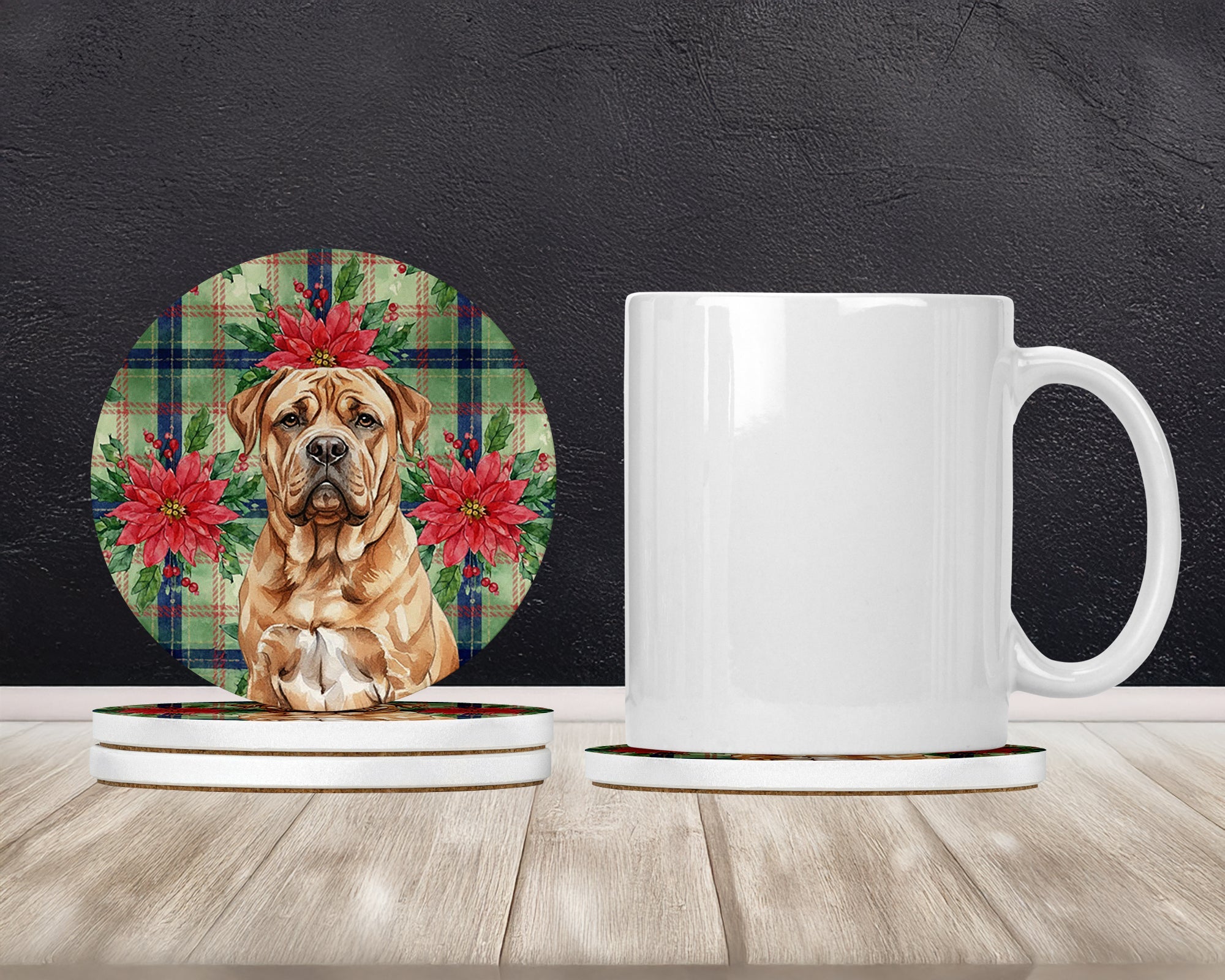 Dogue de Bordeaux Christmas PoinsettIas Large Sandstone Coasters Pack of 4 Absorbent Round Coasters Decor Gifts for Men or Women, 4 in, Multicolor