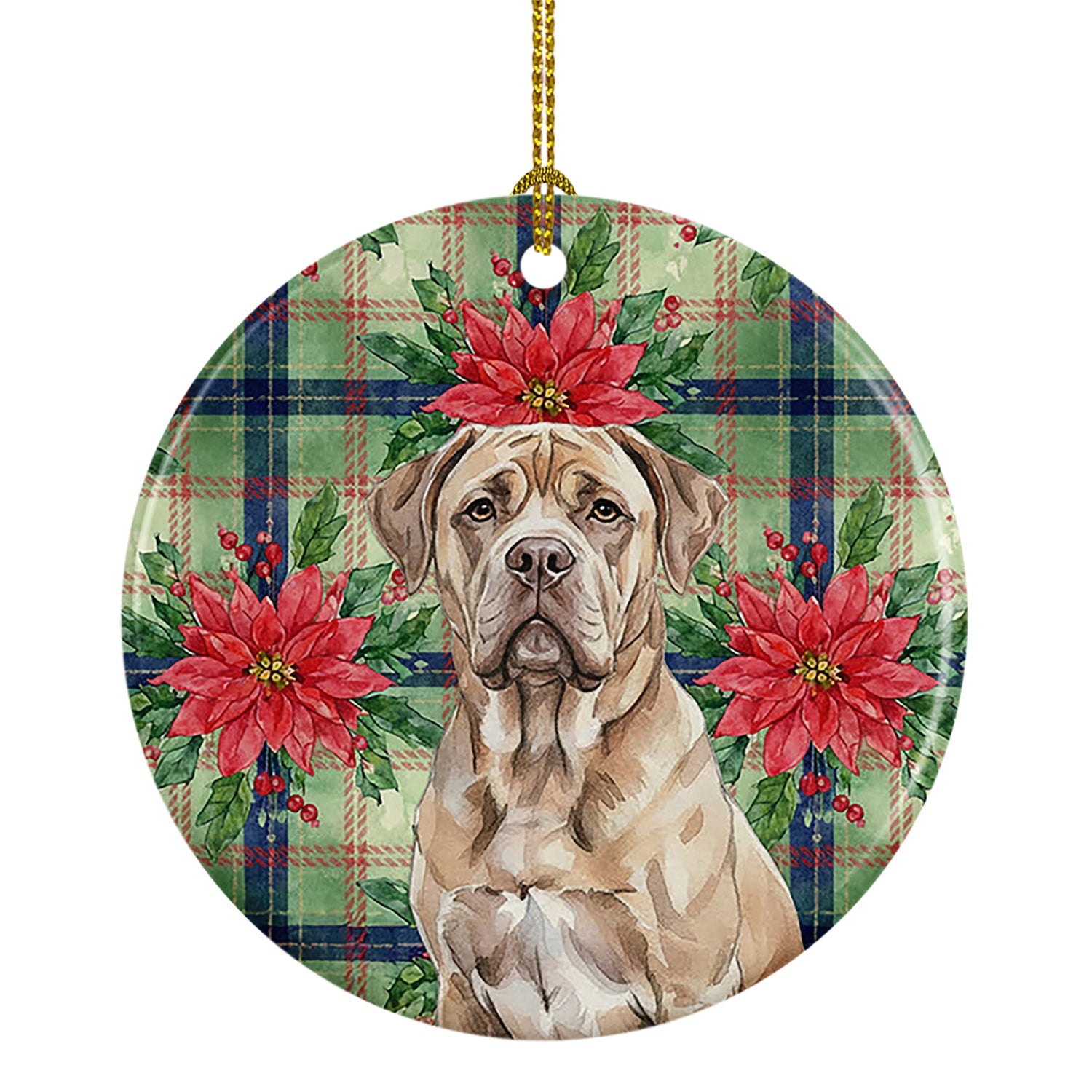 Isabella Dogue de Bordeaux Christmas PoinsettIas Ceramic Ornament Christmas Tree Hanging Decorations for Home Christmas Holiday, Party, Gift, 3 in, Multicolor