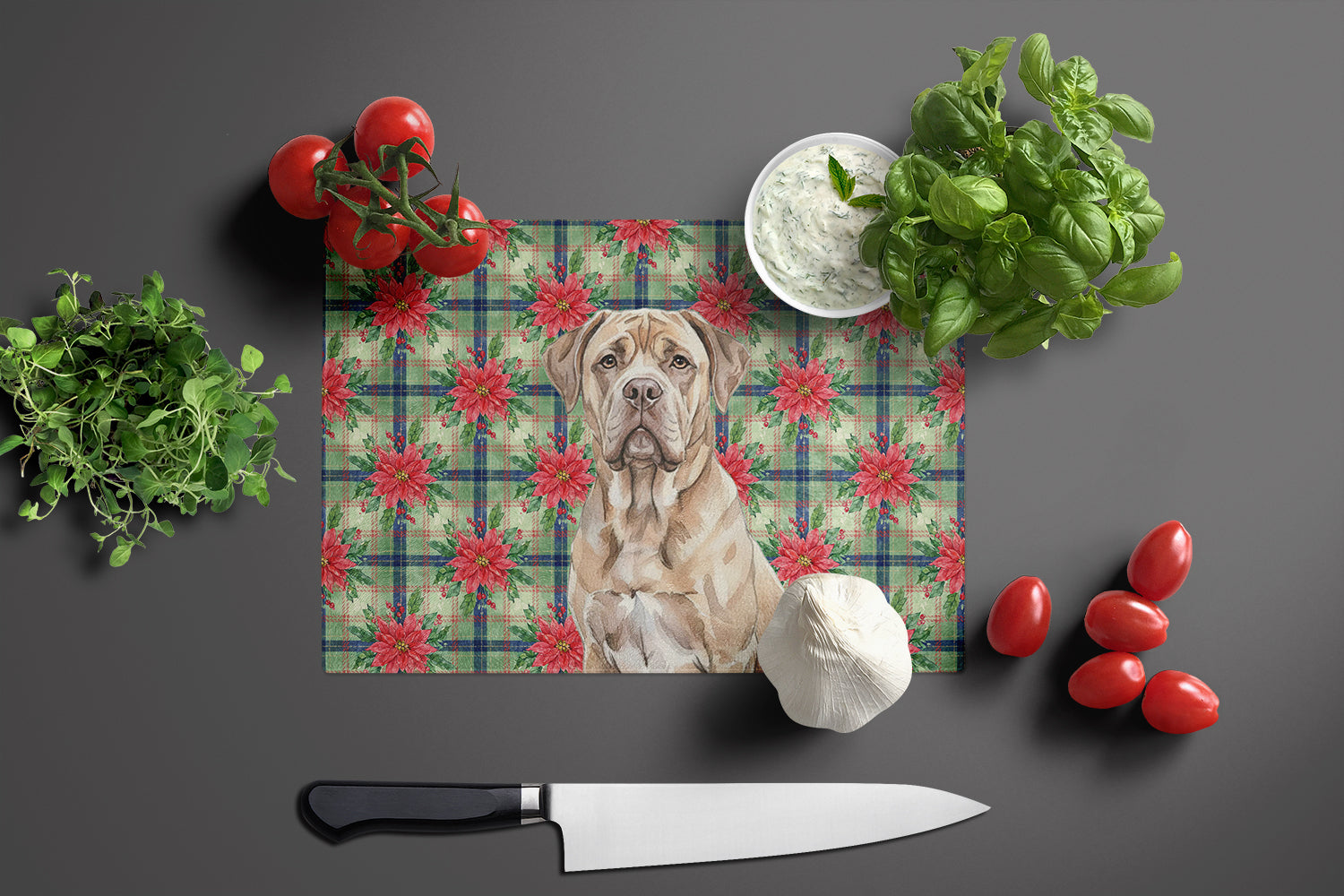Isabella Dogue de Bordeaux Christmas PoinsettIas Cutting Board Tempered Glass Kitchen Cutting Surface, Heat Resistant Chopping, Non-Slip Feet, Food Prep & Serving