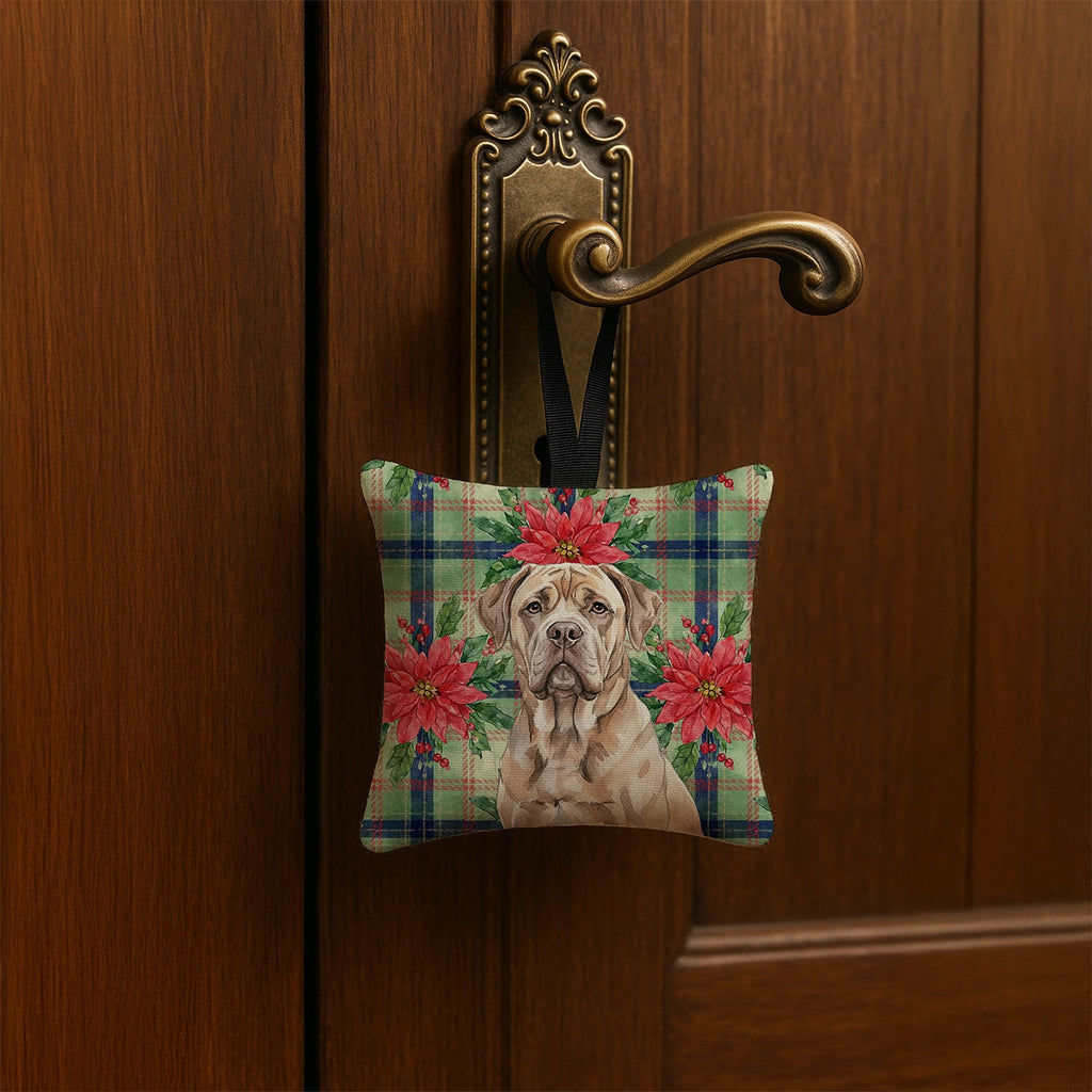Isabella Dogue de Bordeaux Christmas PoinsettIas Hanging Square Fabric Ornament 3.5 � 3.5 Decorative Door-Knob & Tree Hanger, Soft Fabric