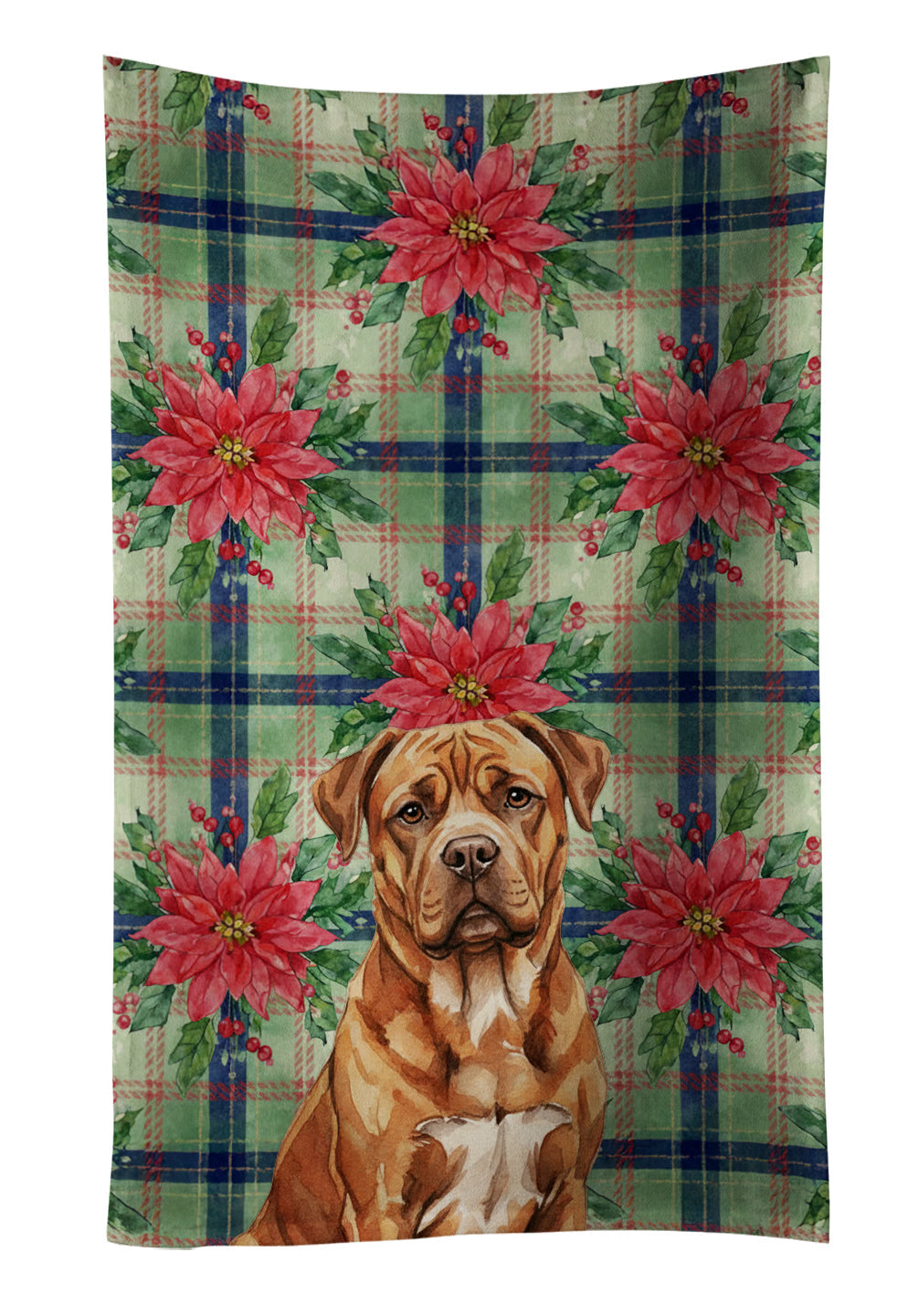 Mahogany Dogue de Bordeaux Christmas PoinsettIas Kitchen Towel Velour Plush Front and Cotton Loop Back Machine Washable