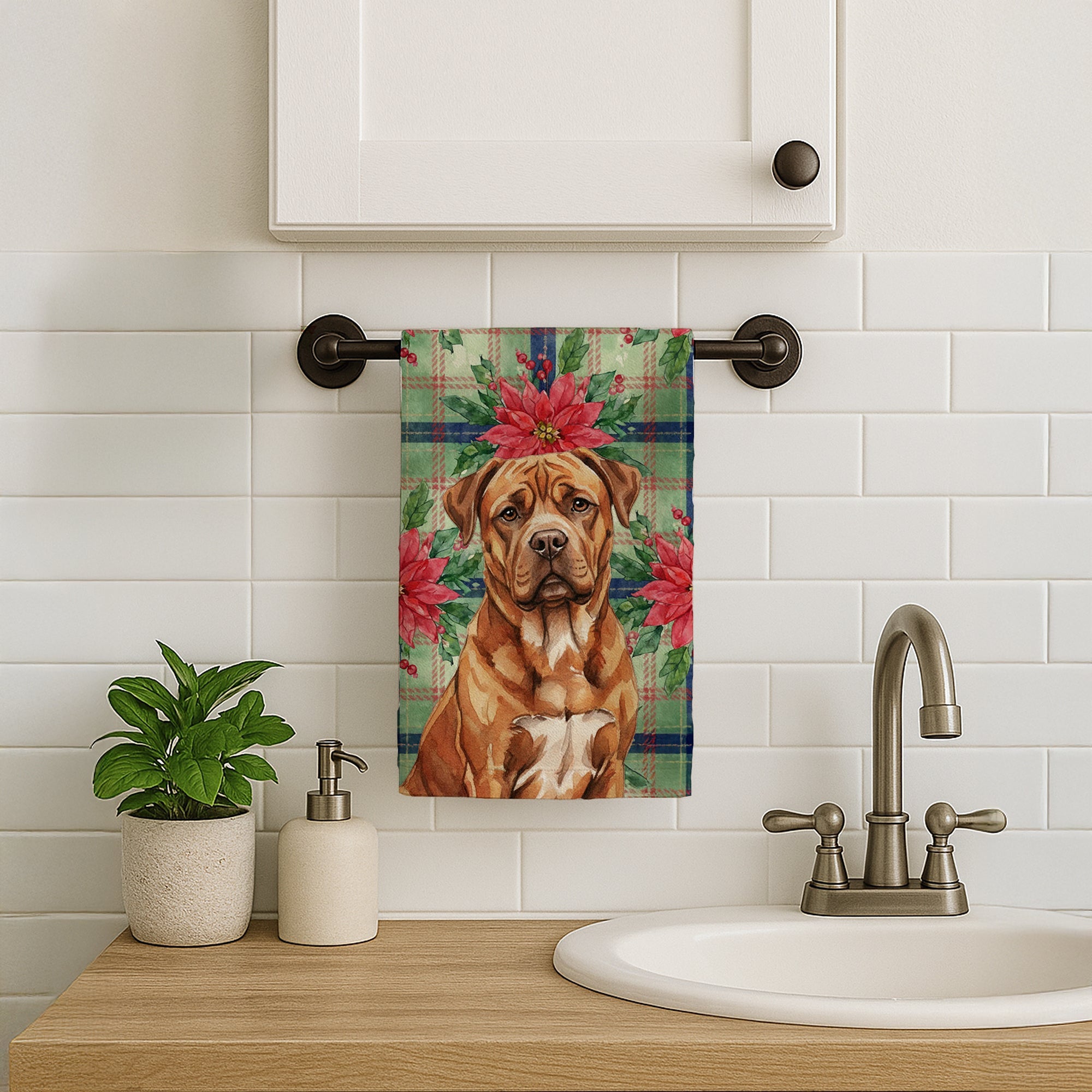 Mahogany Dogue de Bordeaux Christmas PoinsettIas Kitchen Towel Velour Plush Front and Cotton Loop Back Machine Washable