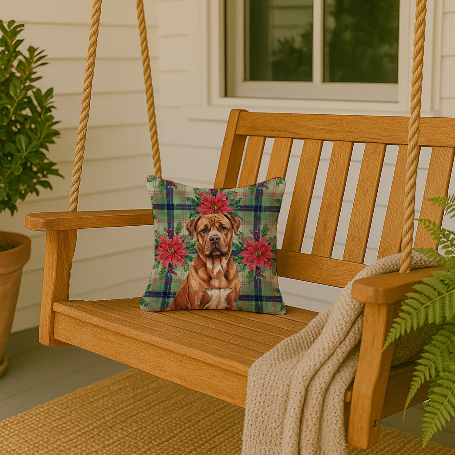 Mahogany Dogue de Bordeaux Christmas PoinsettIas Decorative Throw Pillow 14x14 Indoor Outdoor Accent Cushion, Fabric Cover with Insert for Sofa, Bed, Porch & Living Room