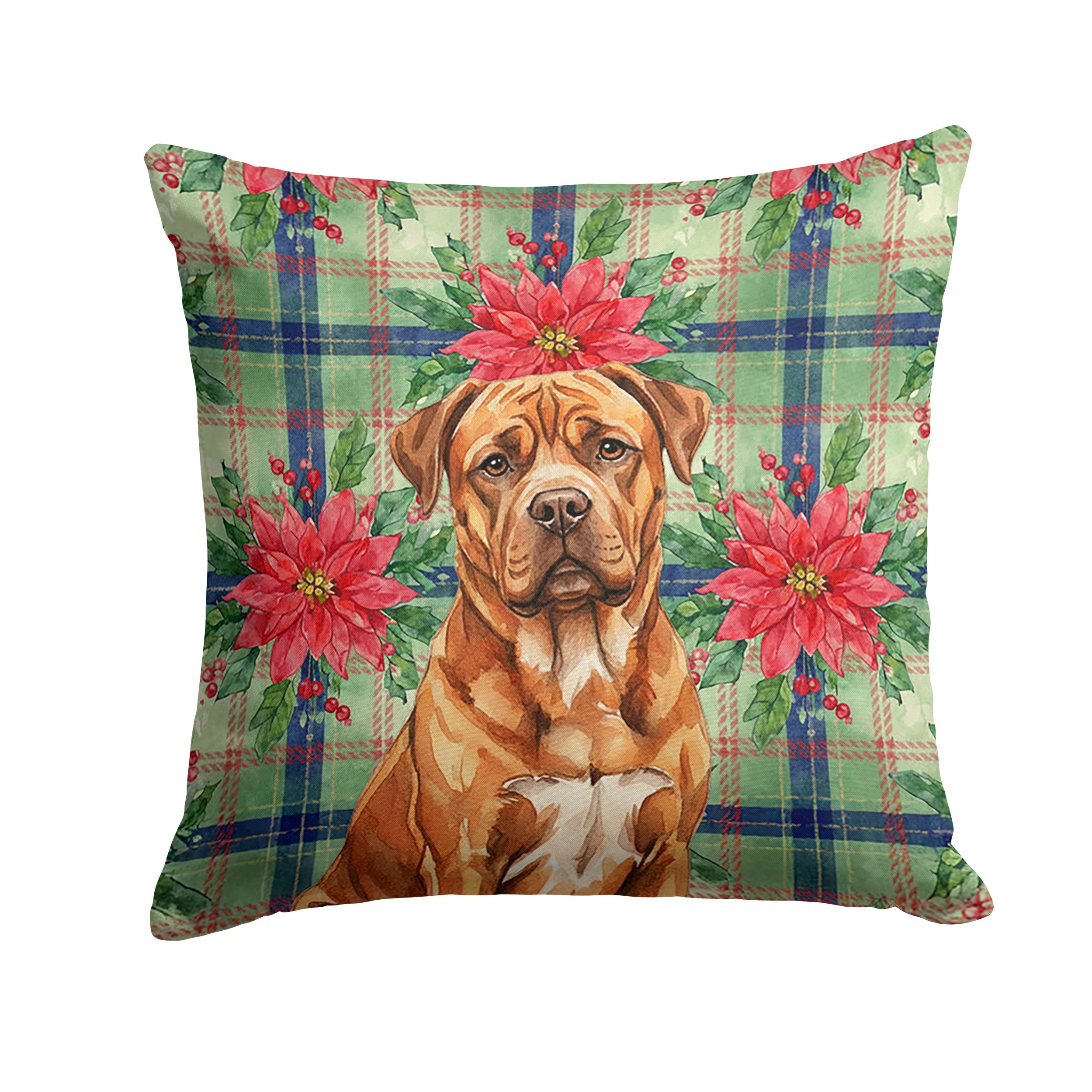 Mahogany Dogue de Bordeaux Christmas PoinsettIas Decorative Throw Pillow 18x18 Indoor Outdoor Accent Cushion, Fabric Cover with Insert for Sofa, Bed, Porch & Living Room