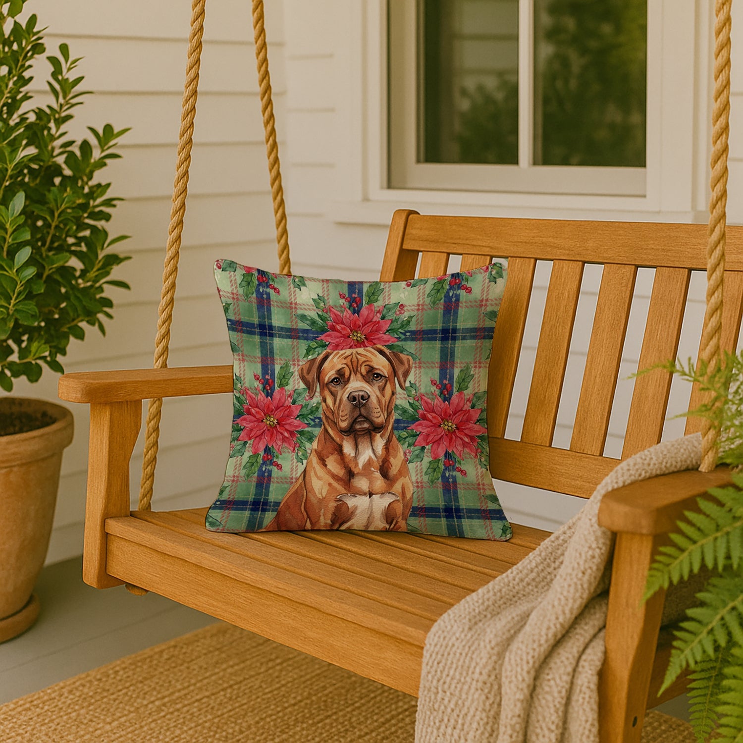 Mahogany Dogue de Bordeaux Christmas PoinsettIas Decorative Throw Pillow 18x18 Indoor Outdoor Accent Cushion, Fabric Cover with Insert for Sofa, Bed, Porch & Living Room