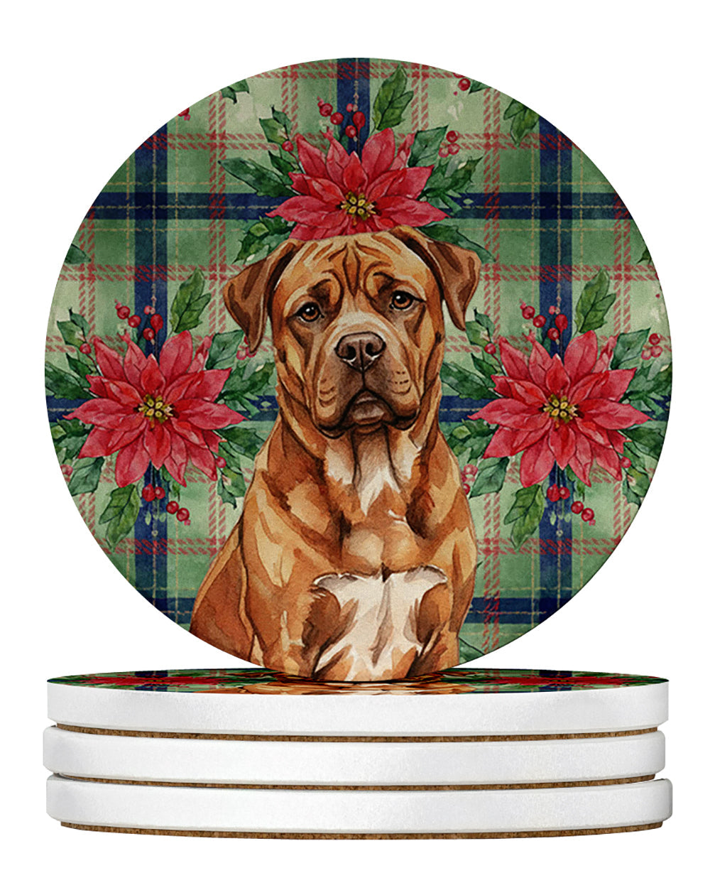 Mahogany Dogue de Bordeaux Christmas PoinsettIas Large Sandstone Coasters Pack of 4 Absorbent Round Coasters Decor Gifts for Men or Women, 4 in, Multicolor