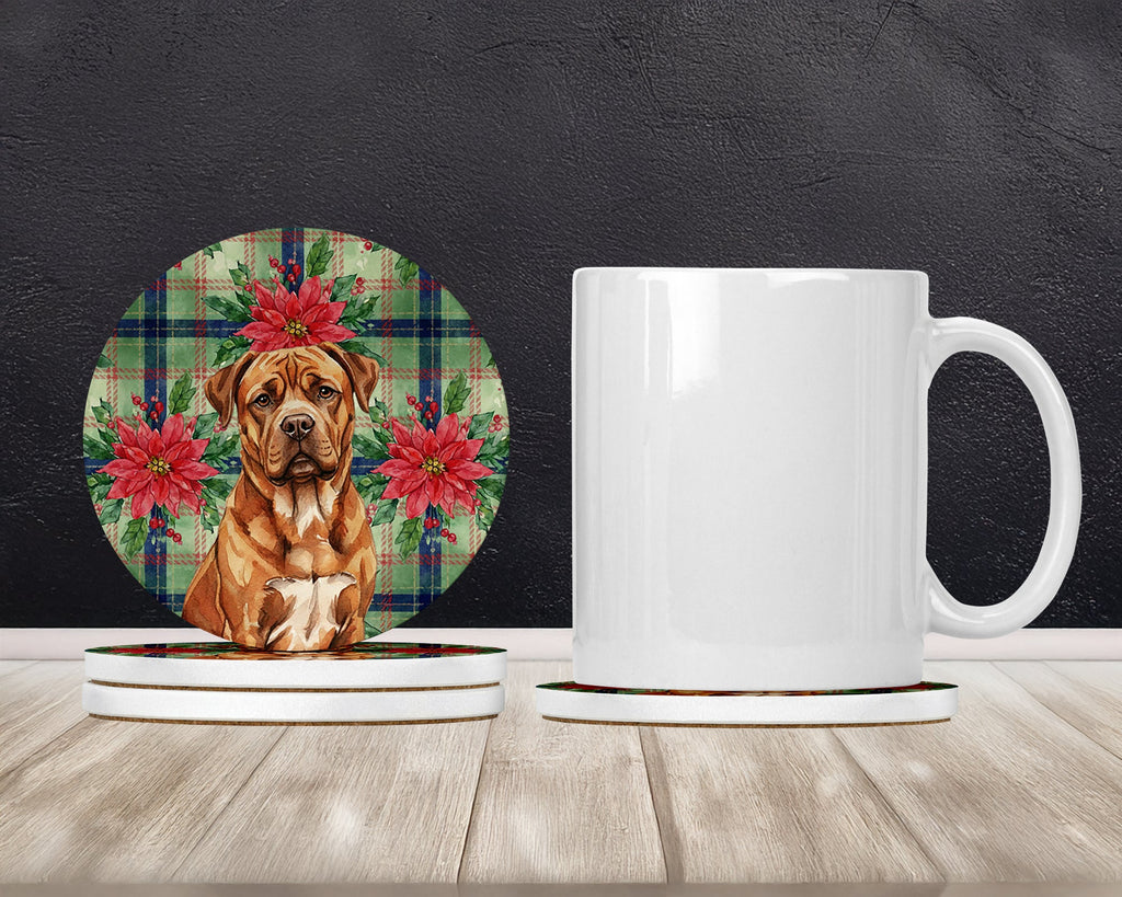 Mahogany Dogue de Bordeaux Christmas PoinsettIas Large Sandstone Coasters Pack of 4 Absorbent Round Coasters Decor Gifts for Men or Women, 4 in, Multicolor