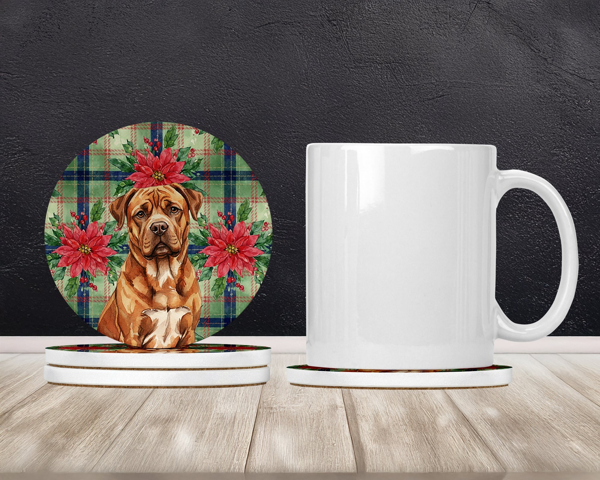 Mahogany Dogue de Bordeaux Christmas PoinsettIas Large Sandstone Coasters Pack of 4 Absorbent Round Coasters Decor Gifts for Men or Women, 4 in, Multicolor