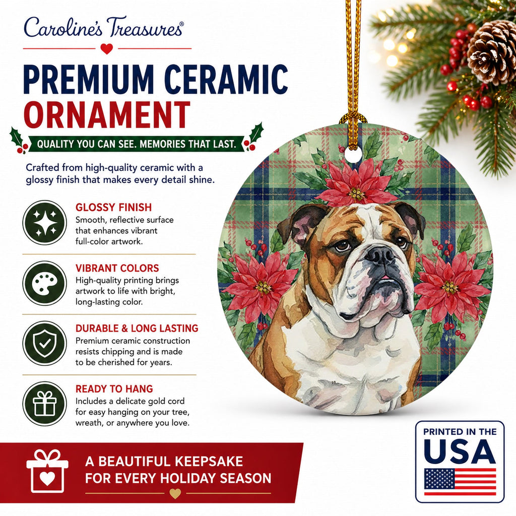 Brindle and White English Bulldog Christmas PoinsettIas Ceramic Ornament Christmas Tree Hanging Decorations for Home Christmas Holiday, Party, Gift, 3 in, Multicolor