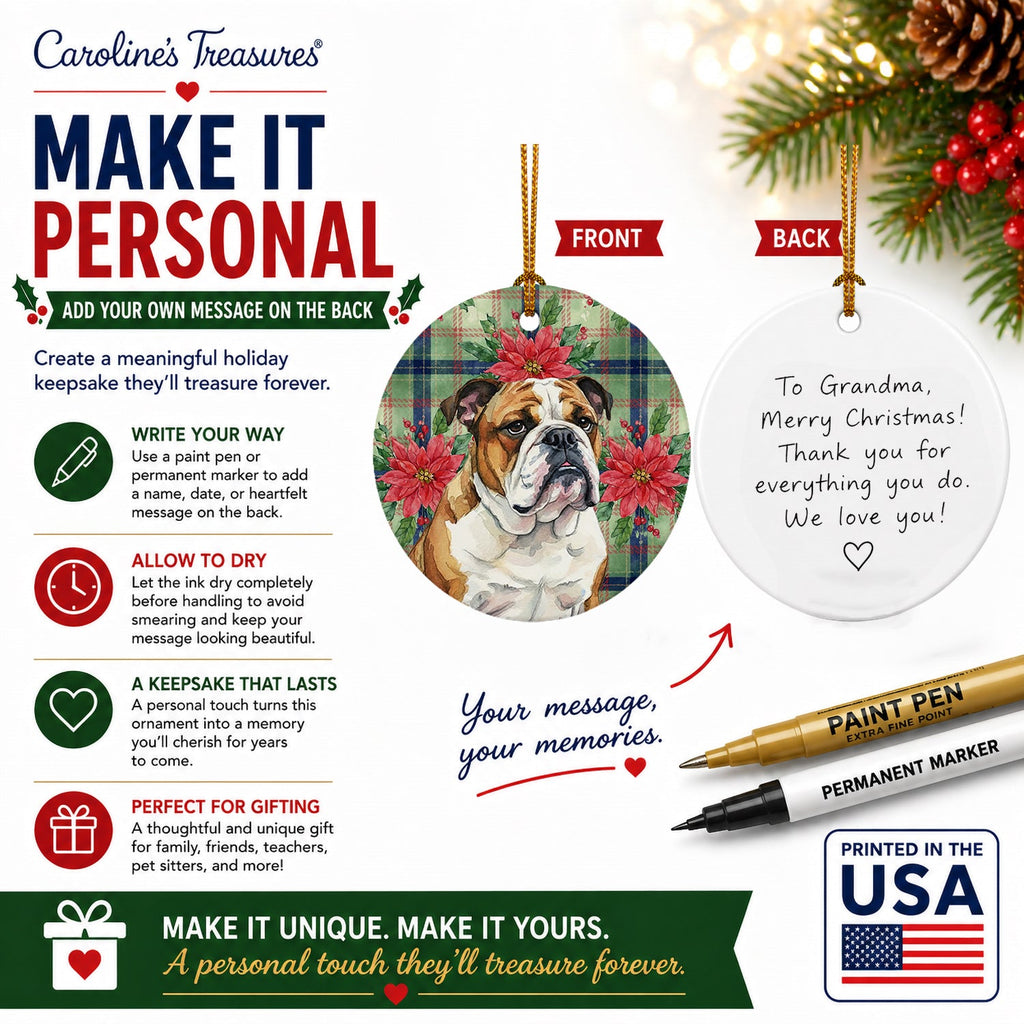 Brindle and White English Bulldog Christmas PoinsettIas Ceramic Ornament Christmas Tree Hanging Decorations for Home Christmas Holiday, Party, Gift, 3 in, Multicolor