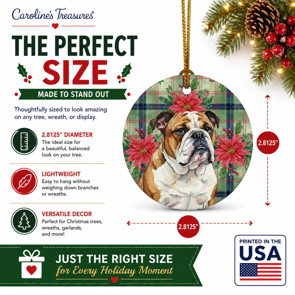 Brindle and White English Bulldog Christmas PoinsettIas Ceramic Ornament Christmas Tree Hanging Decorations for Home Christmas Holiday, Party, Gift, 3 in, Multicolor