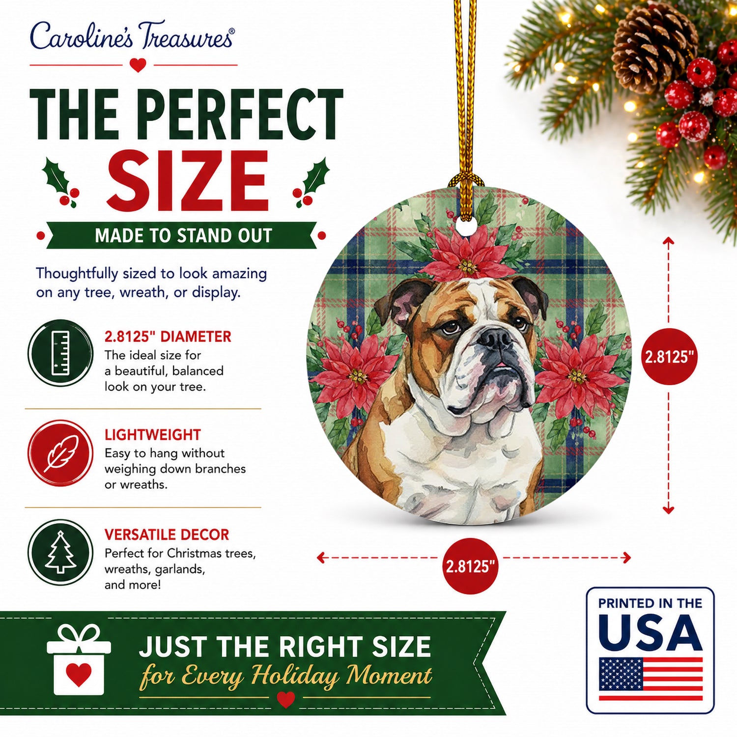 Brindle and White English Bulldog Christmas PoinsettIas Ceramic Ornament Christmas Tree Hanging Decorations for Home Christmas Holiday, Party, Gift, 3 in, Multicolor