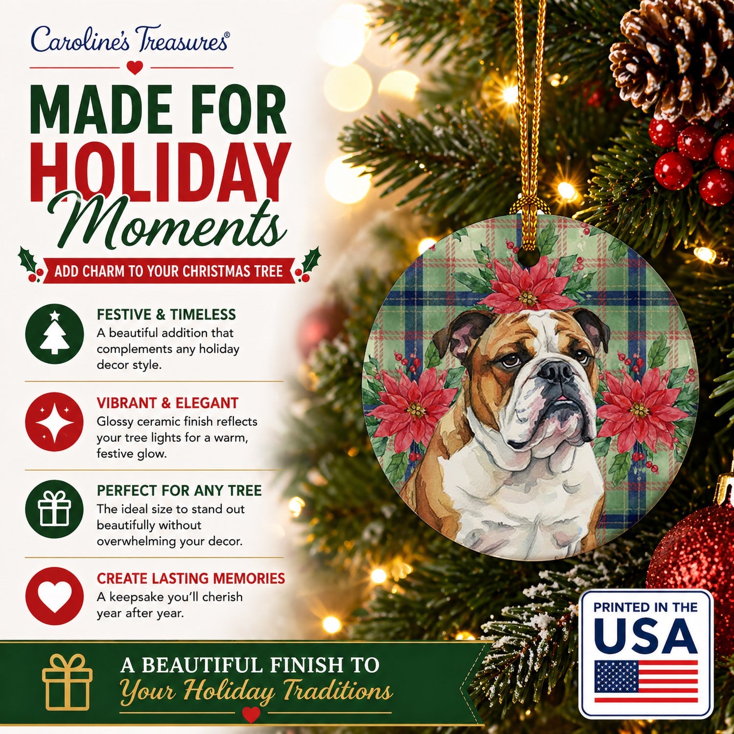 Brindle and White English Bulldog Christmas PoinsettIas Ceramic Ornament Christmas Tree Hanging Decorations for Home Christmas Holiday, Party, Gift, 3 in, Multicolor