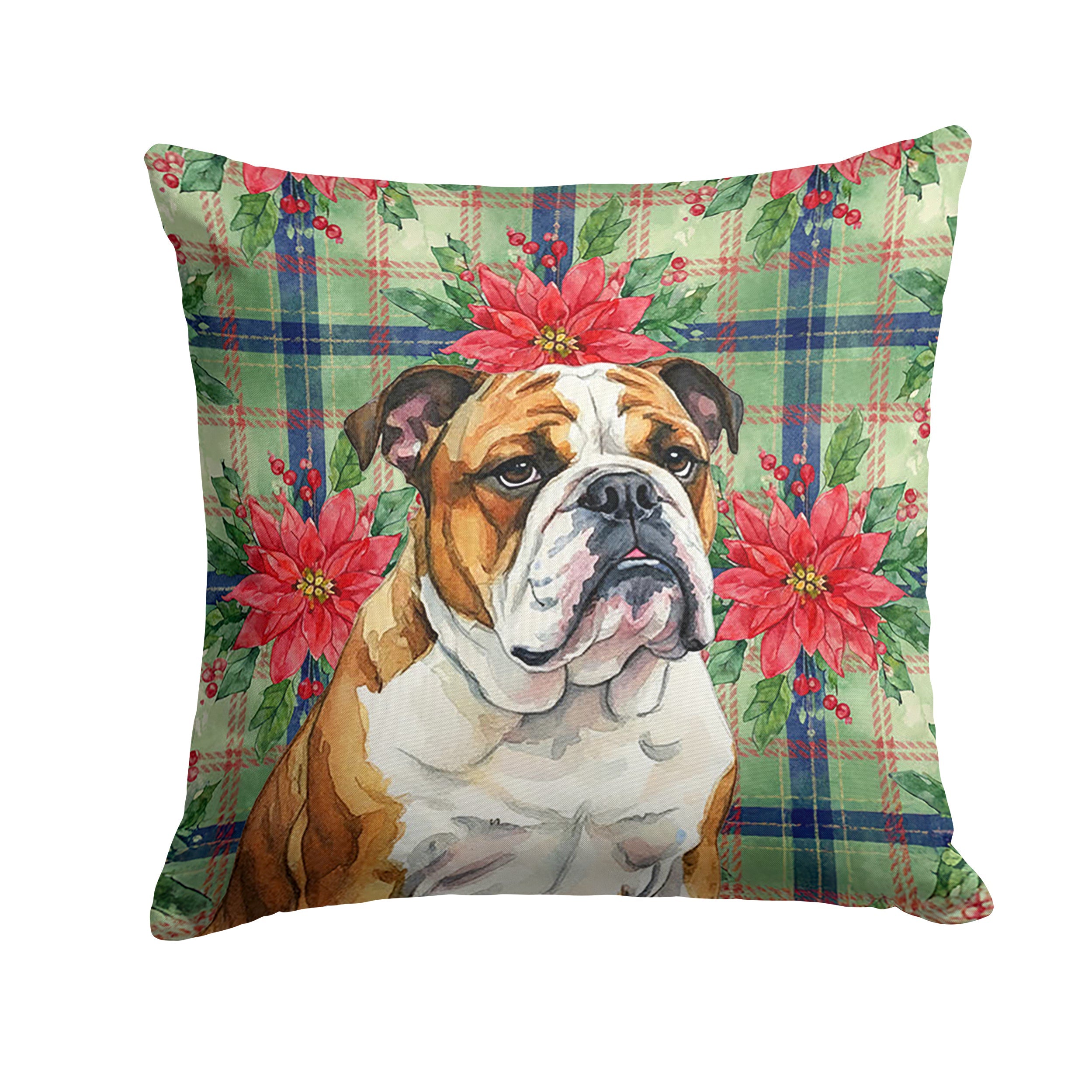Brindle and White English Bulldog Christmas PoinsettIas Decorative Throw Pillow 14x14 Indoor Outdoor Accent Cushion, Fabric Cover with Insert for Sofa, Bed, Porch & Living Room
