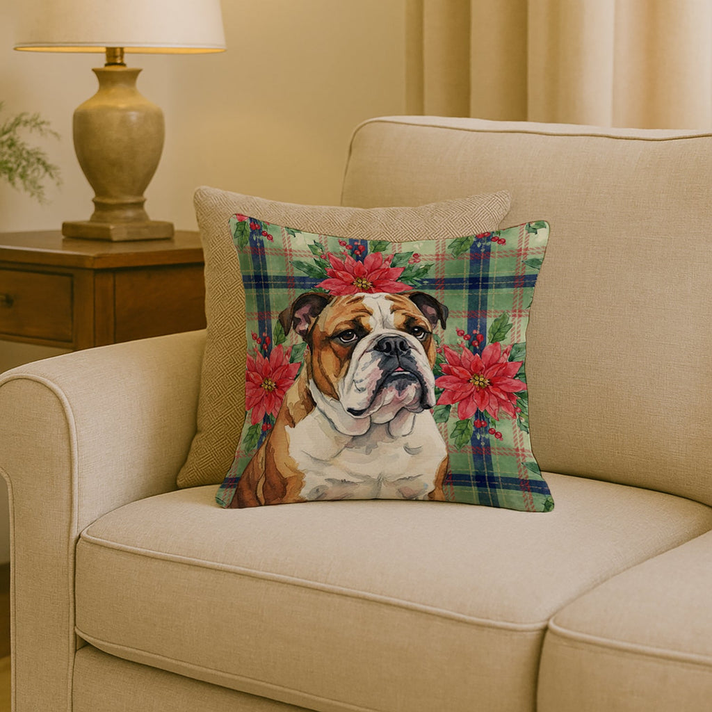 Brindle and White English Bulldog Christmas PoinsettIas Decorative Throw Pillow 18x18 Indoor Outdoor Accent Cushion, Fabric Cover with Insert for Sofa, Bed, Porch & Living Room