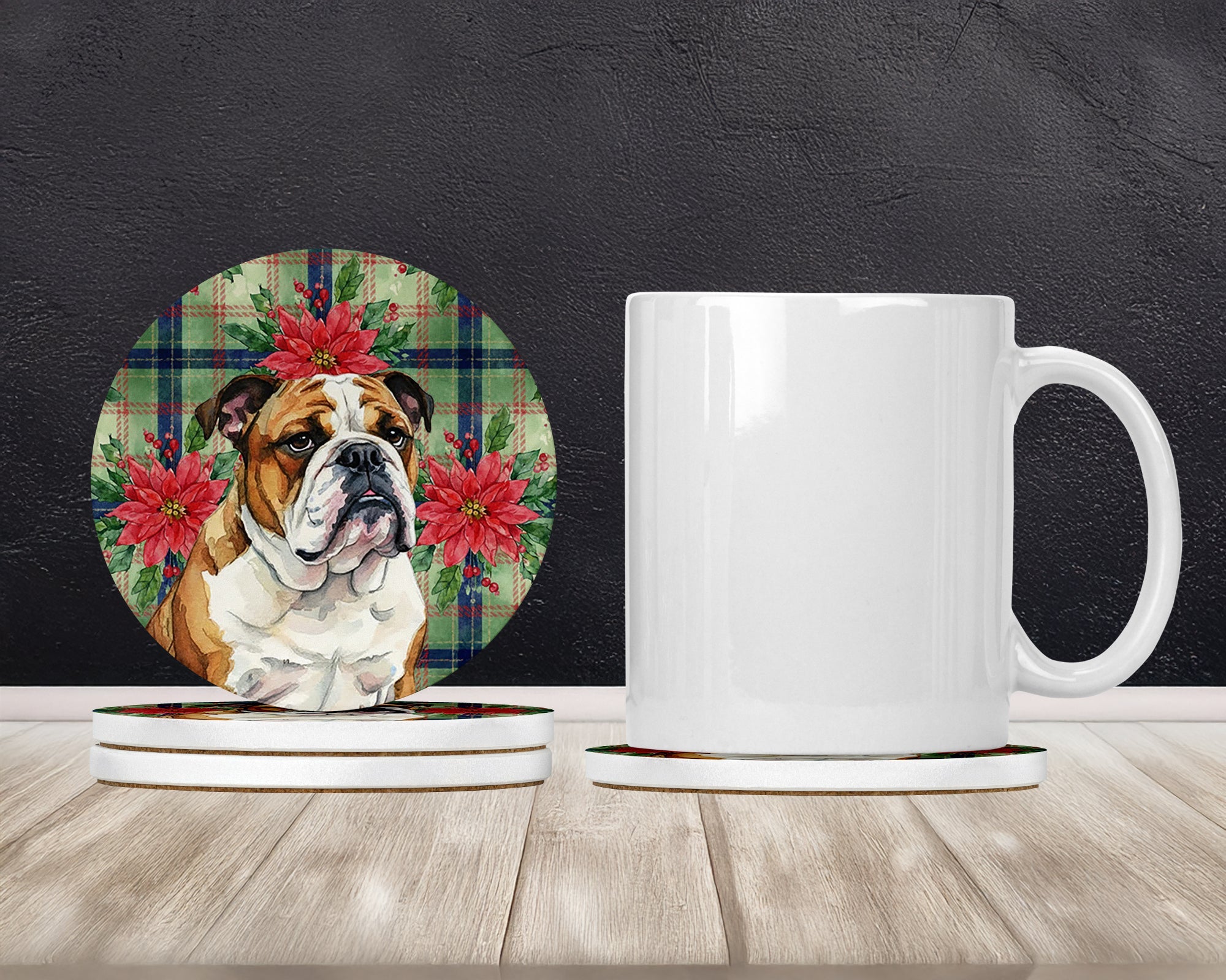 Brindle and White English Bulldog Christmas PoinsettIas Large Sandstone Coasters Pack of 4 Absorbent Round Coasters Decor Gifts for Men or Women, 4 in, Multicolor