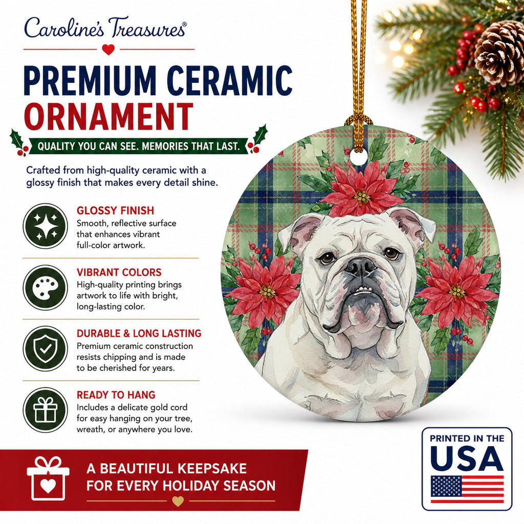 White English Bulldog Christmas PoinsettIas Ceramic Ornament Christmas Tree Hanging Decorations for Home Christmas Holiday, Party, Gift, 3 in, Multicolor