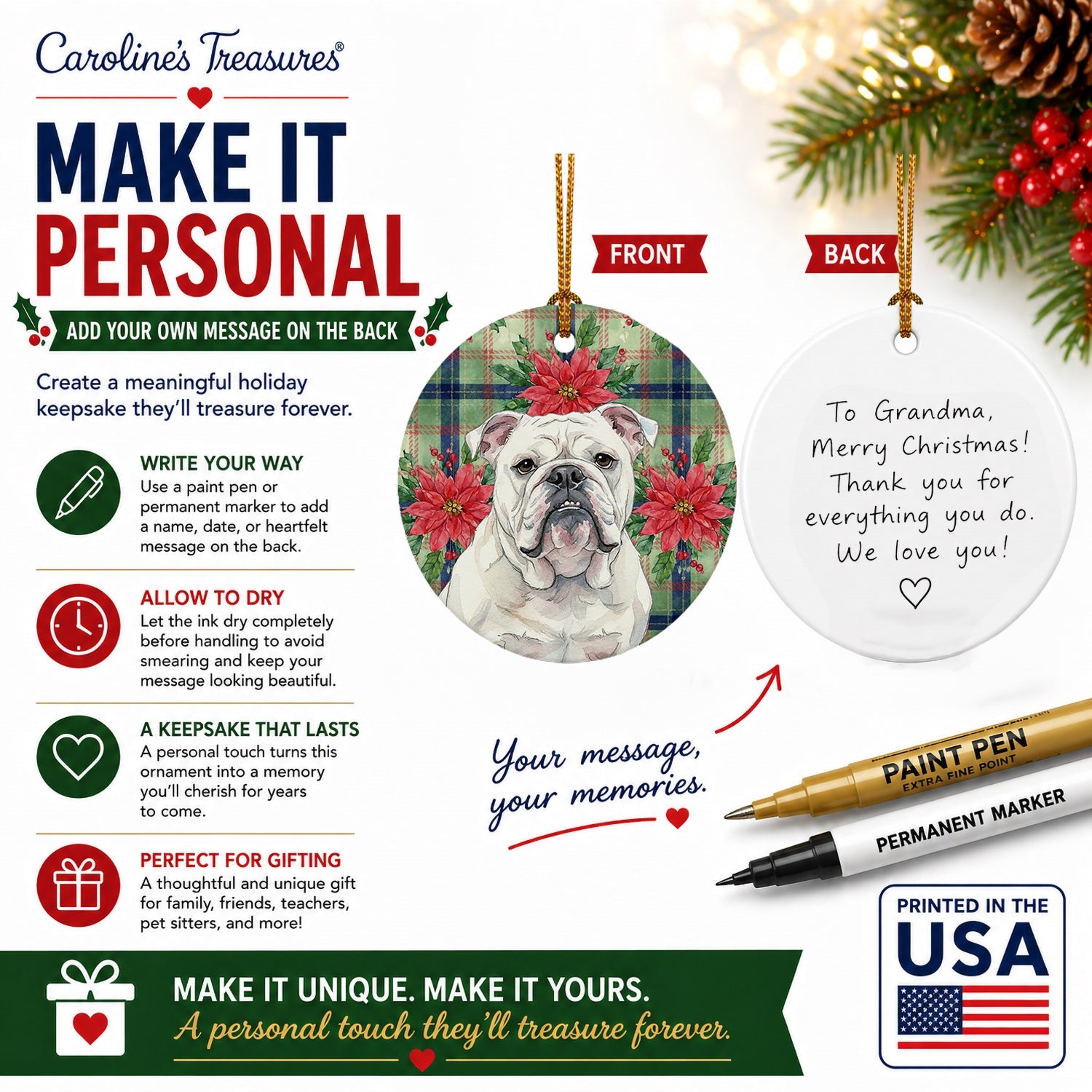 White English Bulldog Christmas PoinsettIas Ceramic Ornament Christmas Tree Hanging Decorations for Home Christmas Holiday, Party, Gift, 3 in, Multicolor