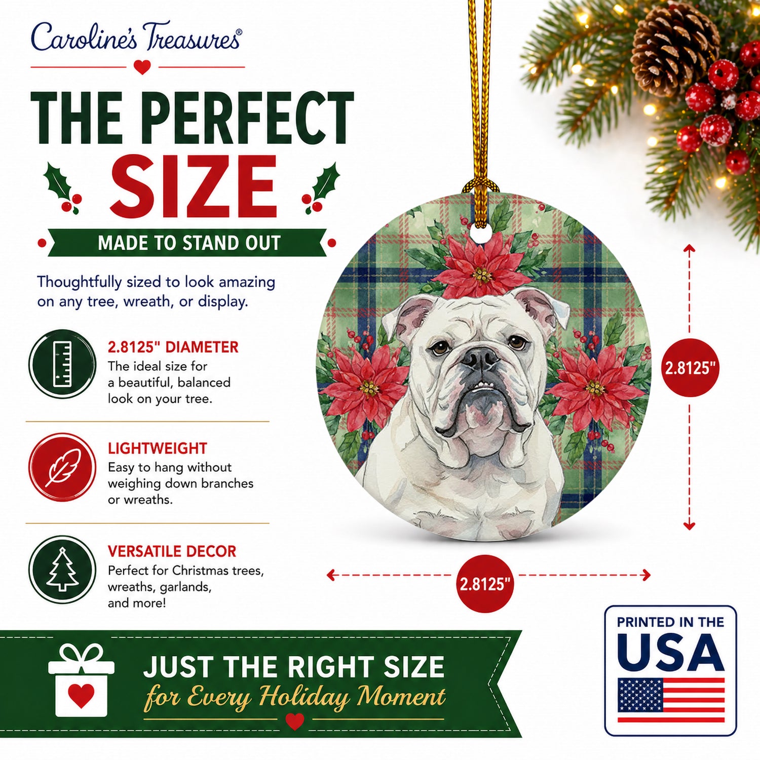 White English Bulldog Christmas PoinsettIas Ceramic Ornament Christmas Tree Hanging Decorations for Home Christmas Holiday, Party, Gift, 3 in, Multicolor