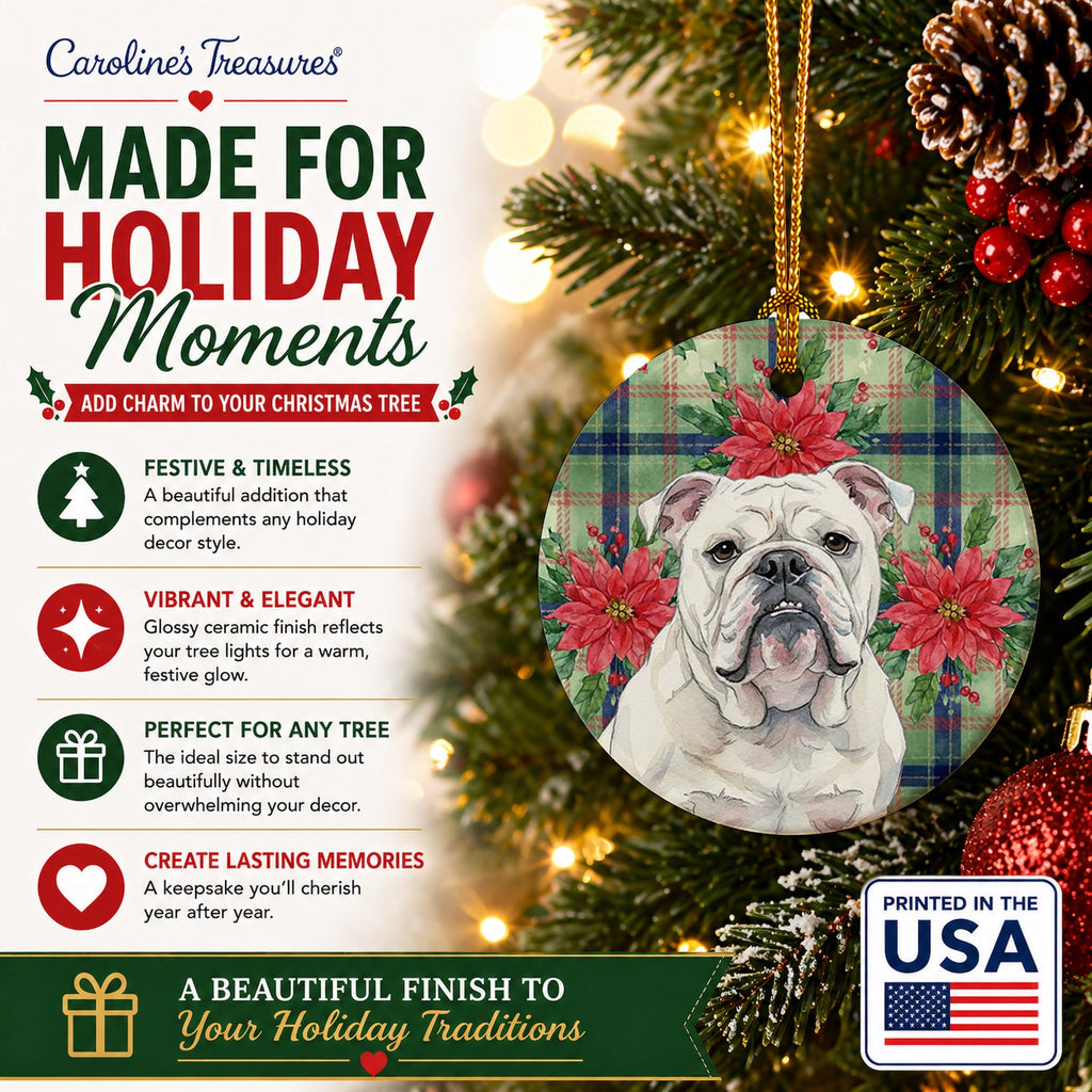 White English Bulldog Christmas PoinsettIas Ceramic Ornament Christmas Tree Hanging Decorations for Home Christmas Holiday, Party, Gift, 3 in, Multicolor