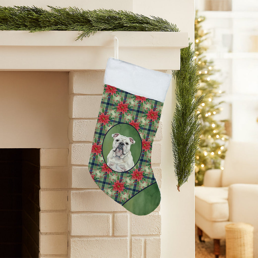 White English Bulldog Christmas PoinsettIas Holiday Stocking Double-Sided Print, Polyester Suede,11x18, Made in USA