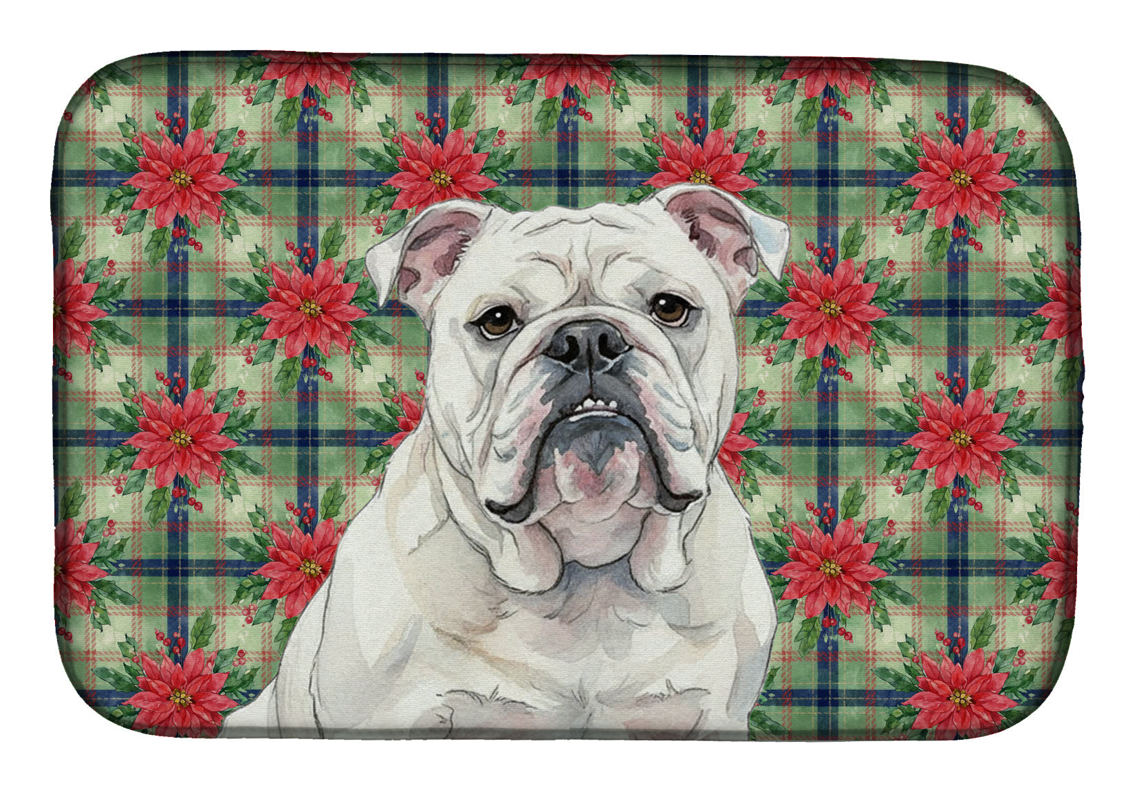 White English Bulldog Christmas PoinsettIas Dish Drying Mat Absorbent Dish Drying Mat Pad for Kitchen Counter Dish Drainer Mat for Countertop, 14 x 21", Multicolor