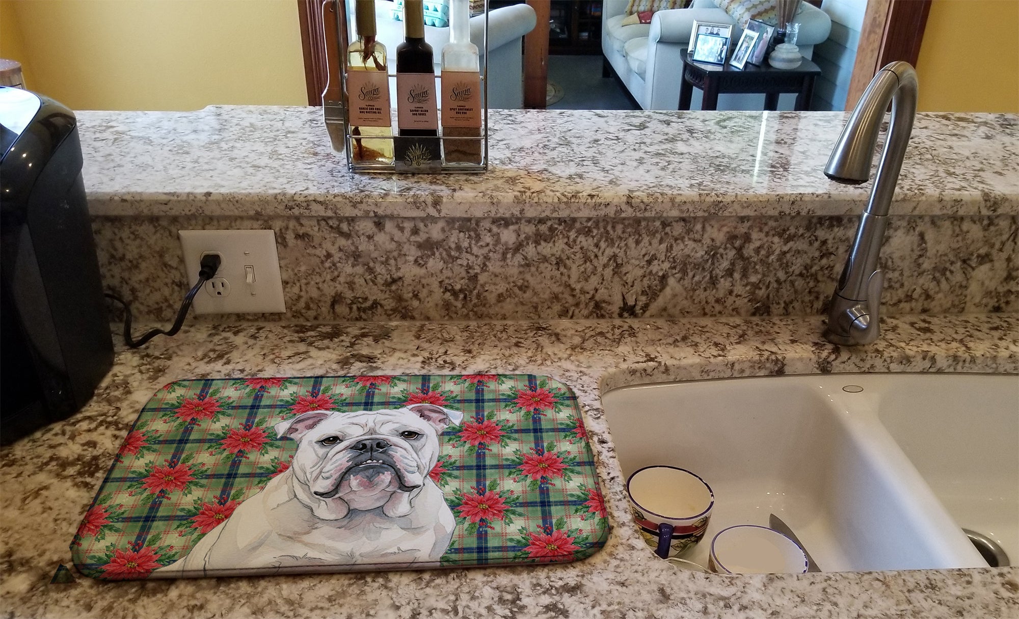 White English Bulldog Christmas PoinsettIas Dish Drying Mat Absorbent Dish Drying Mat Pad for Kitchen Counter Dish Drainer Mat for Countertop, 14 x 21", Multicolor