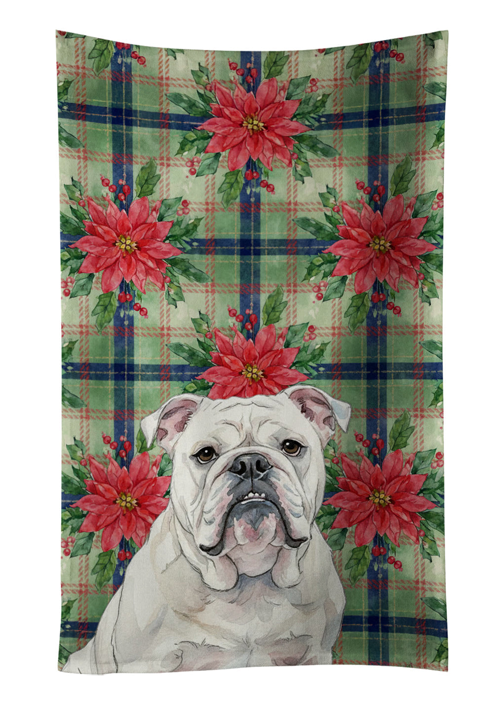White English Bulldog Christmas PoinsettIas Kitchen Towel Velour Plush Front and Cotton Loop Back Machine Washable