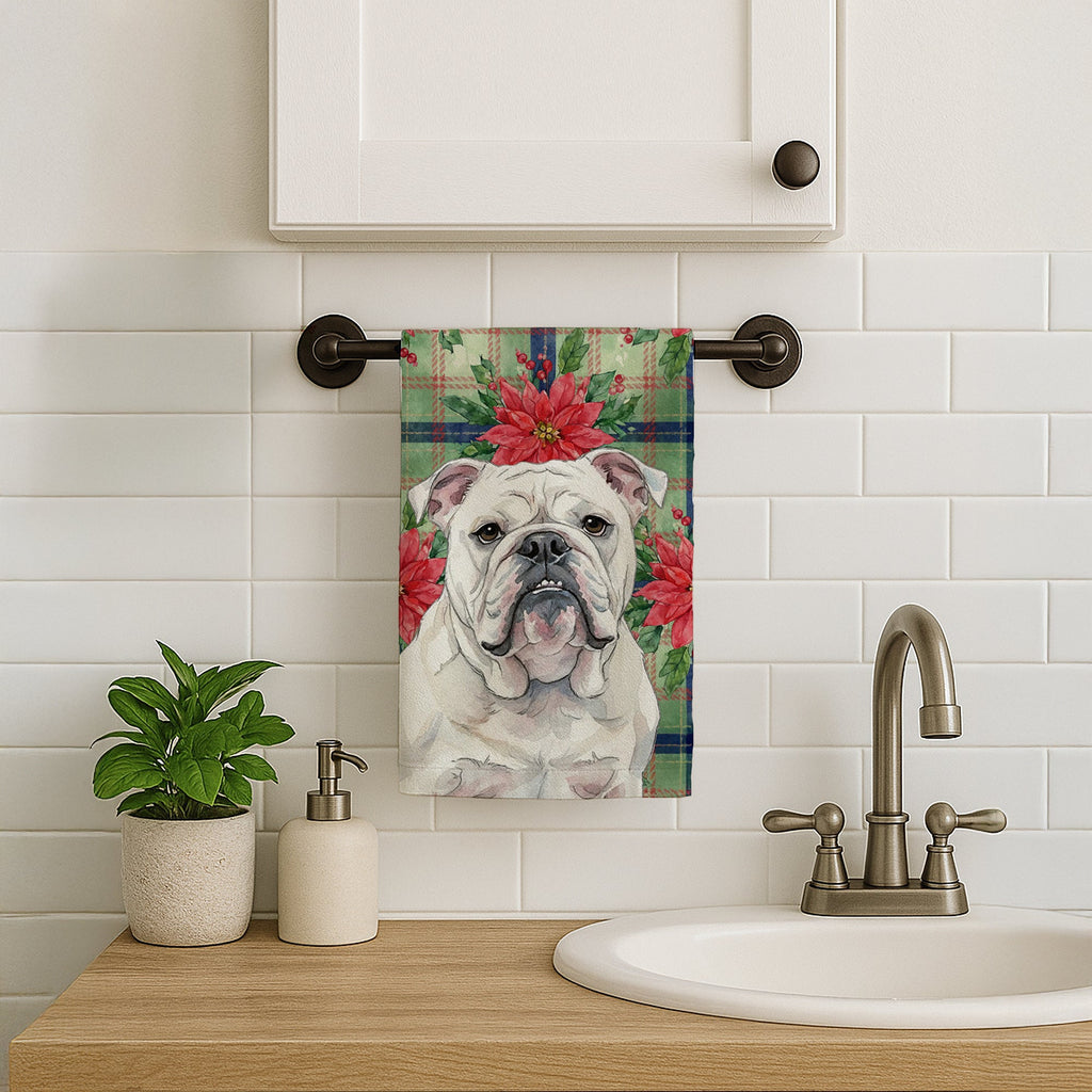 White English Bulldog Christmas PoinsettIas Kitchen Towel Velour Plush Front and Cotton Loop Back Machine Washable