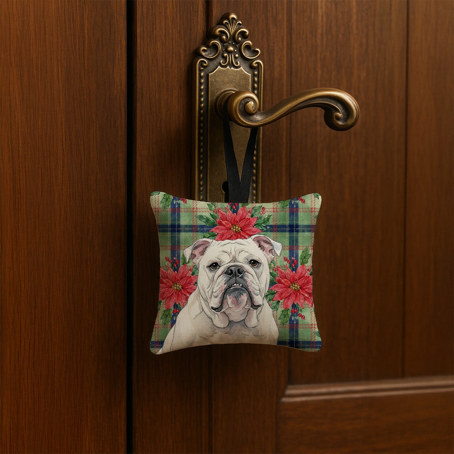 White English Bulldog Christmas PoinsettIas Hanging Square Fabric Ornament 3.5 � 3.5 Decorative Door-Knob & Tree Hanger, Soft Fabric