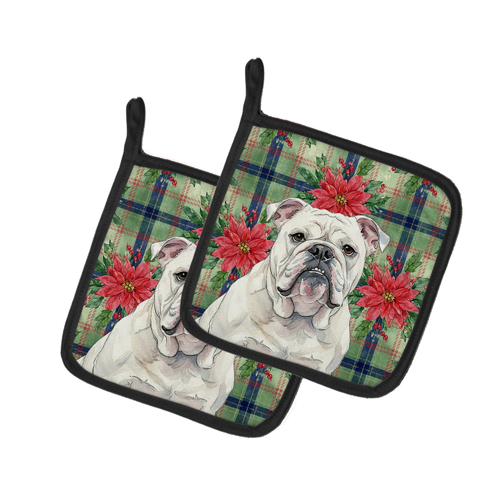 White English Bulldog Christmas PoinsettIas Pot Holder Set of 2 Heat Resistant Quilted Hot Pads 7.5 x 7.5 Inch, Insulated Kitchen Trivets for Cooking & Baking