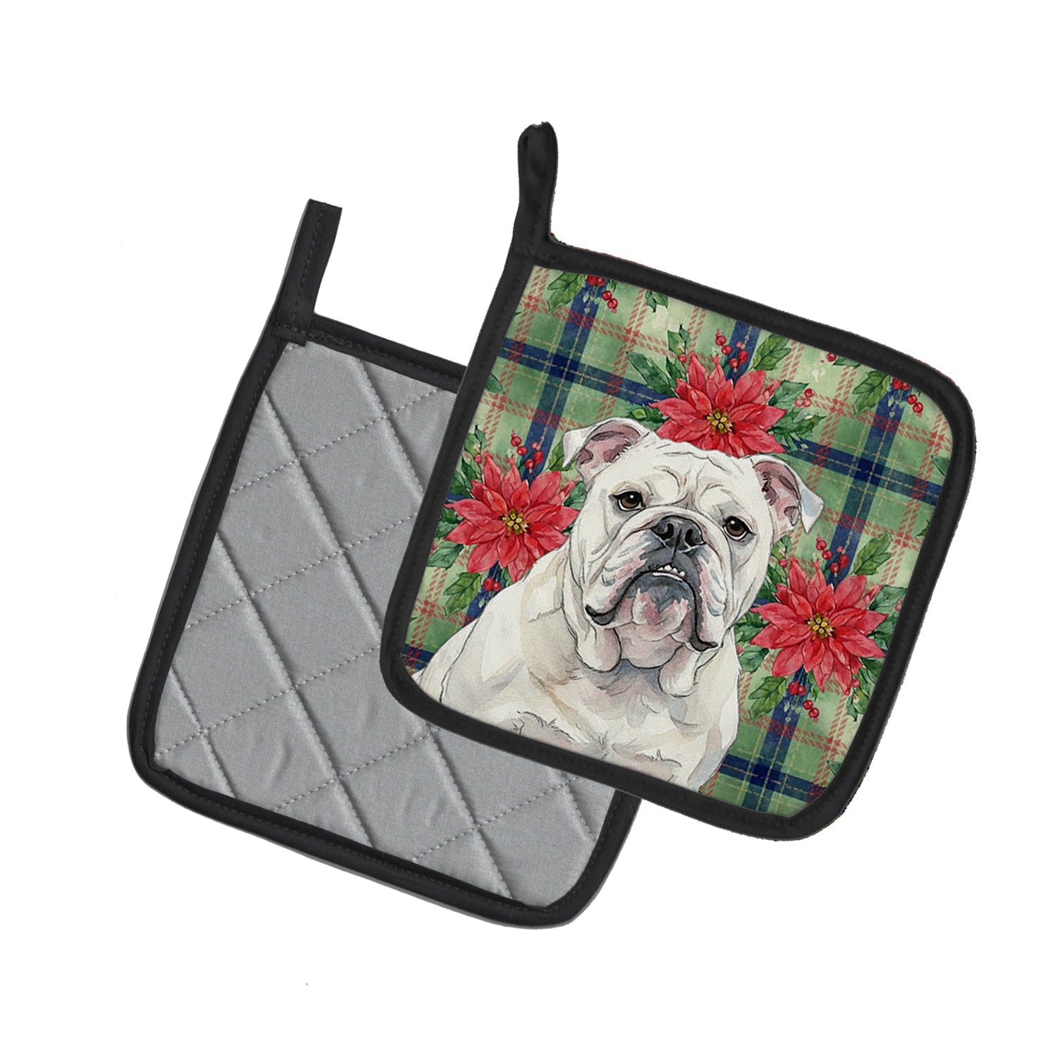 White English Bulldog Christmas PoinsettIas Pot Holder Set of 2 Heat Resistant Quilted Hot Pads 7.5 x 7.5 Inch, Insulated Kitchen Trivets for Cooking & Baking